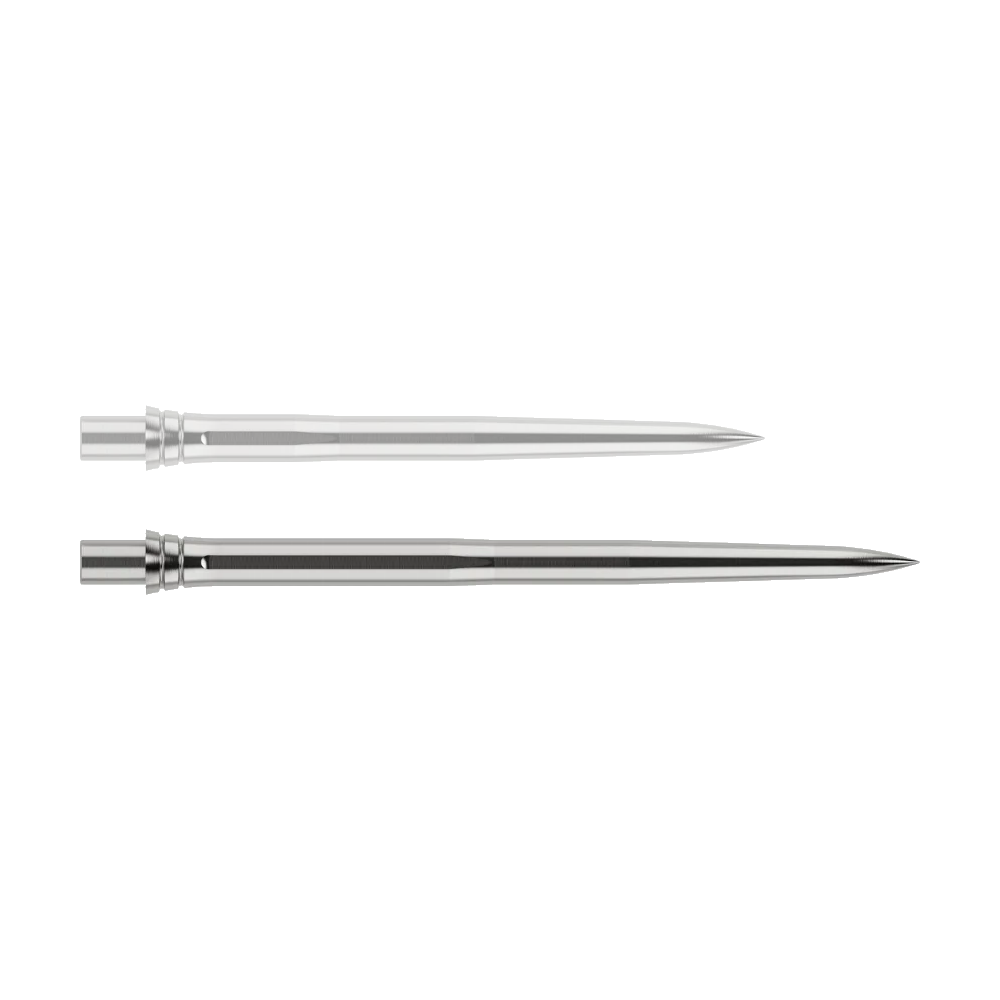 Abgebildet ist eine silberne Dartspitze mit einer Länge von 32mm. Die Spitze hat ein glattes Design und eignet sich für den Einsatz im Dartsport.
