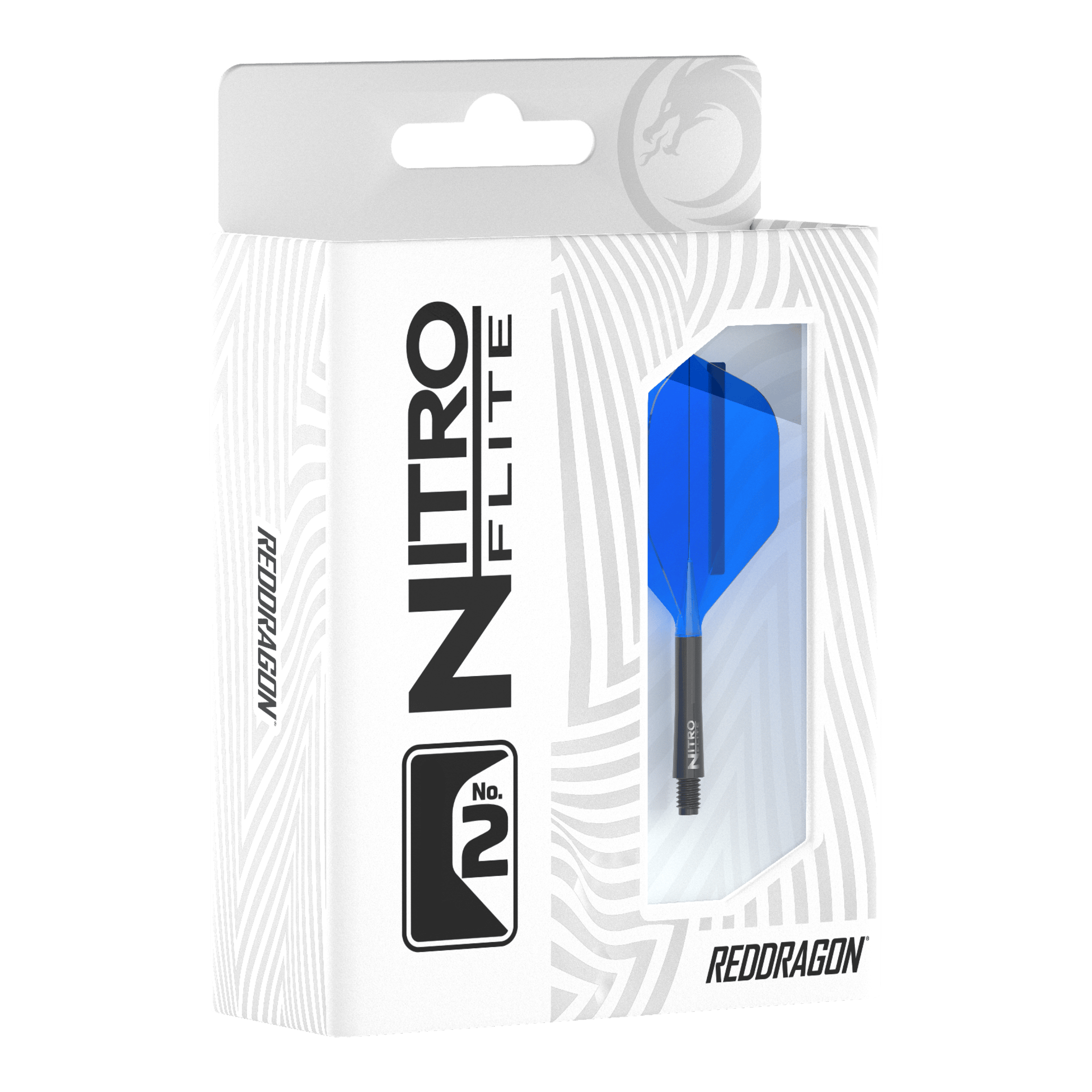 Red Dragon Nitroflite - Black Shaft Blue No. 2 Voli Die Verpackung zeigt das Produkt "Red Dragon Nitroflite - Black Shaft Blue No2 Flights". Im Sichtfenster ist ein blauer Dart-Flügel mit schwarzem Schaft zu sehen.