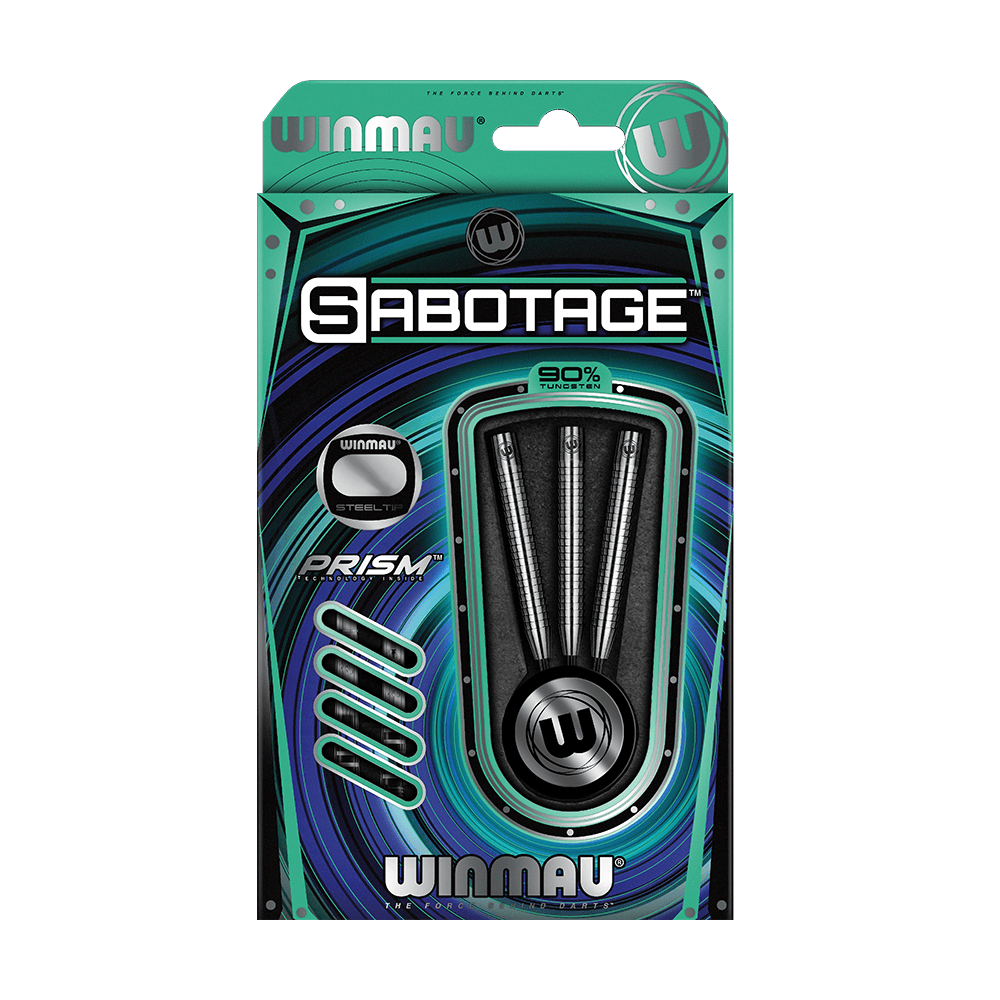 Auf dem Bild ist die Verpackung der Winmau Sabotage Steeldarts zu sehen. In der Packung befinden sich drei Darts aus 90% Tungsten.