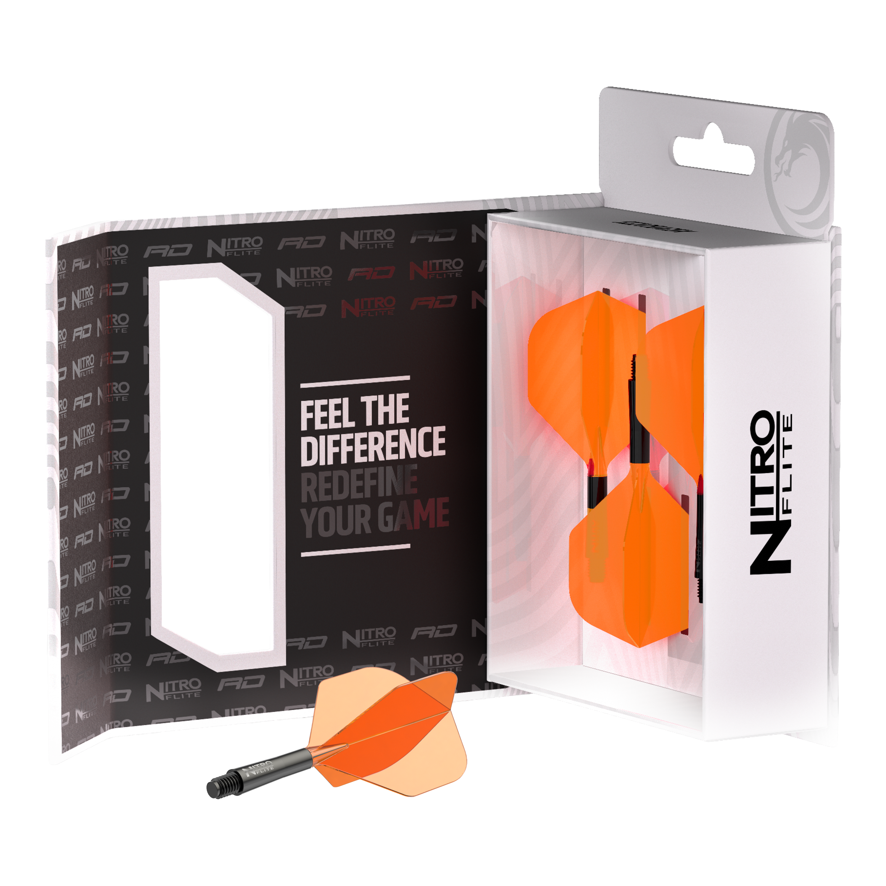 Red Dragon Nitroflite Black Shaft Orange Flights No2 Dieses Bild zeigt den Red Dragon Nitroflite Black Shaft Orange Flights No2. Der Dart-Schaft hat schwarze und orange Details.