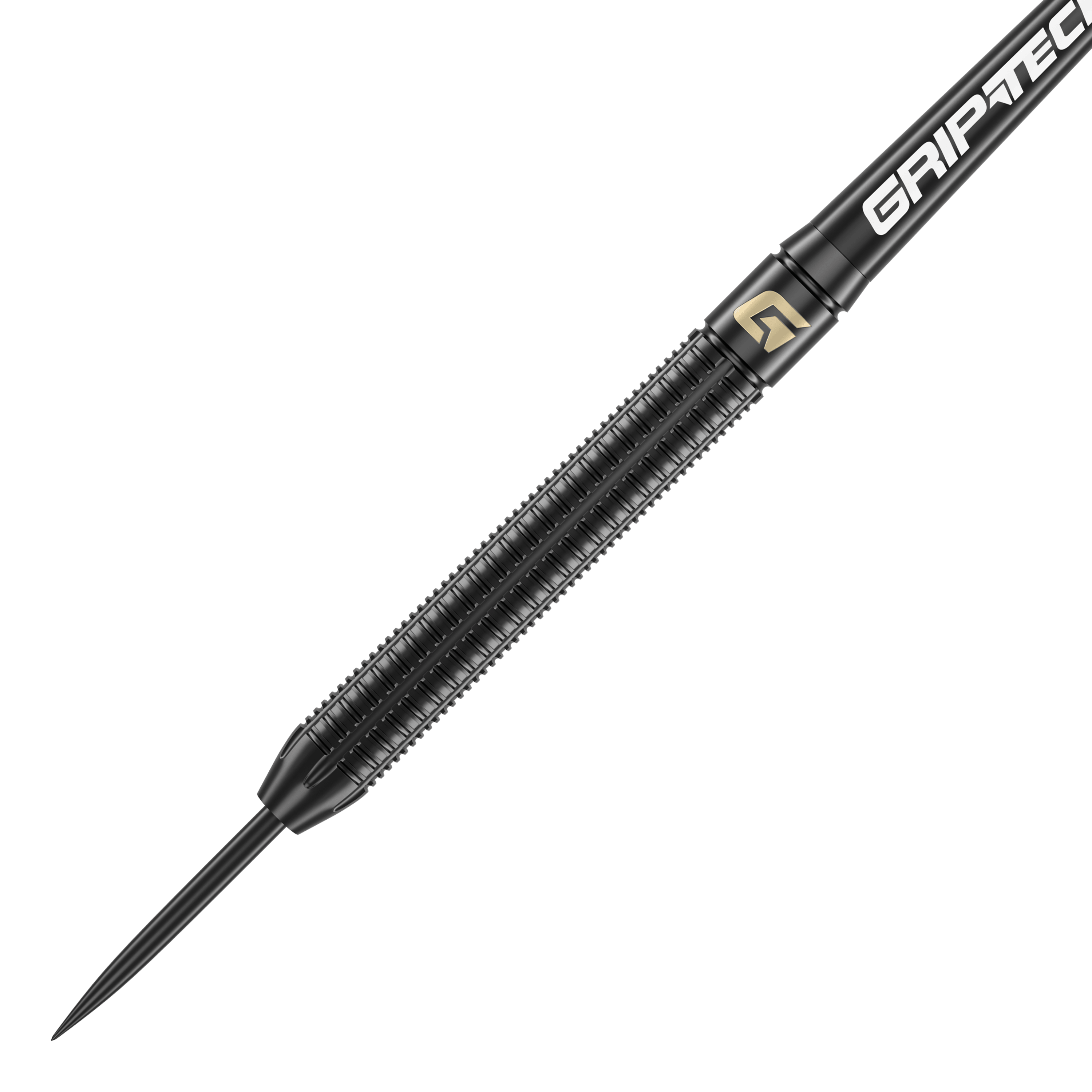 Freccette in acciaio GOAT Athlete in ottone nero - 13 g Das Bild zeigt einen schwarzen Steeldart mit dem Namen "GOAT Athlete Black Brass Steeldarts - 13g". Der Dart hat eine geriffelte Oberfläche für besseren Halt und trägt den Schriftzug "GRIP-TEC".