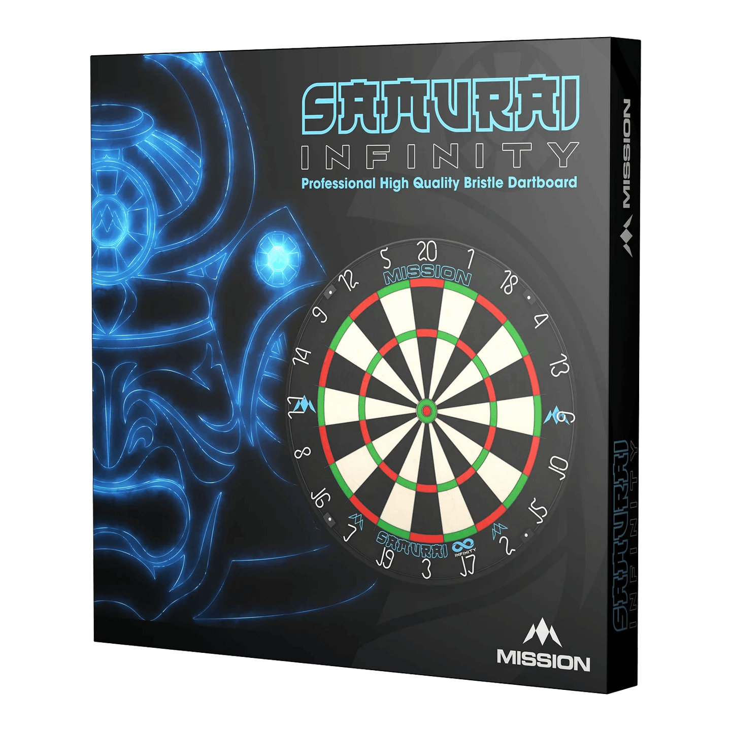 Bersaglio per freccette in acciaio Mission Samurai Infinity Auf dem Bild ist die Verpackung des "Mission Samurai Infinity Steeldartboard" zu sehen. Die Box zeigt eine Abbildung eines Dartboards und ein leuchtendes Samurai-Motiv im Hintergrund.