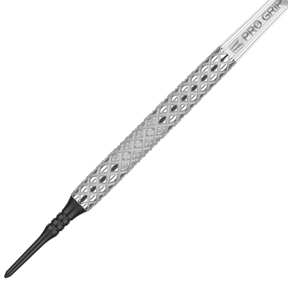 Target Nastri 11 freccette morbide Das Bild zeigt einen Target Nastri 11 Softdart mit einer silbernen, rautenförmig gemusterten Griff-Fläche. Die Dartspitze ist schwarz und der Schaft trägt die Aufschrift "PRO GRIP".