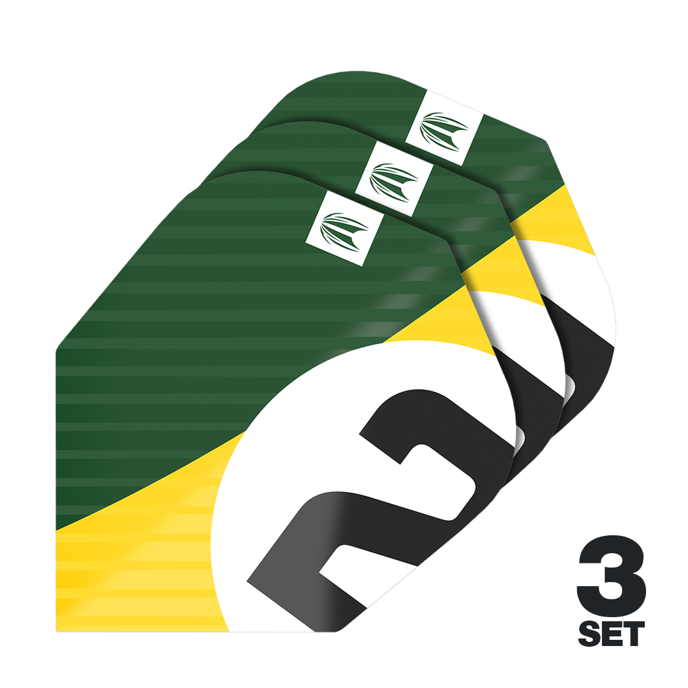 Alette Target Pro Ultra Chicane Green No6 - 3 set Das Bild zeigt drei Sätze der Target Pro Ultra Chicane Green No6 Flights. Die Flights sind in den Farben Grün, Gelb, Weiß und Schwarz gestaltet.