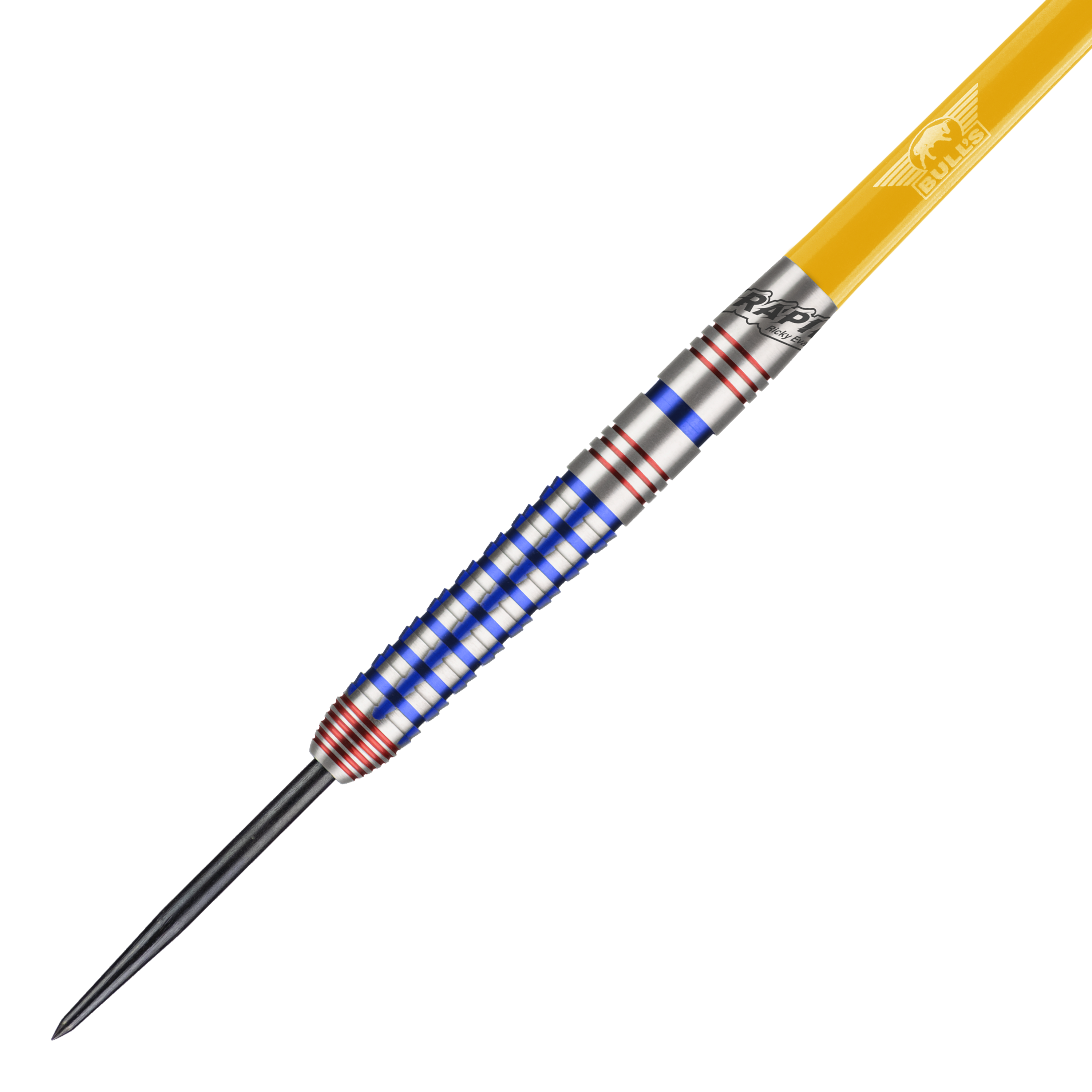Bulls NL Ricky Evans Rapid Edition Uno Steeldarts Das Bild zeigt einen Steeldartpfeil aus der Serie "Bulls NL Ricky Evans Rapid Edition One". Der Dart ist silbern mit blauen und roten Ringen und hat einen gelben Schaft.