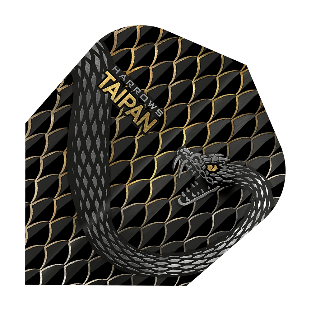 HR25_Harrows_Taipan_Gold_Standard_Flights_1 Das Bild zeigt ein Dart-Flight mit dem Namen "Harrows Taipan". Das Design ist schwarz-gold mit einer Schlangenschuppe und einer gezeichneten Schlange.