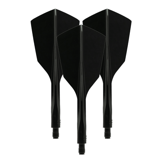 Condor Ax 120 Flight System Nero - Stretto Das Bild zeigt drei schwarze, schmale Dartflights des Modells "Condor Axe 120 Flight-System". Sie sind nebeneinander mit der Spitze nach unten ausgerichtet.