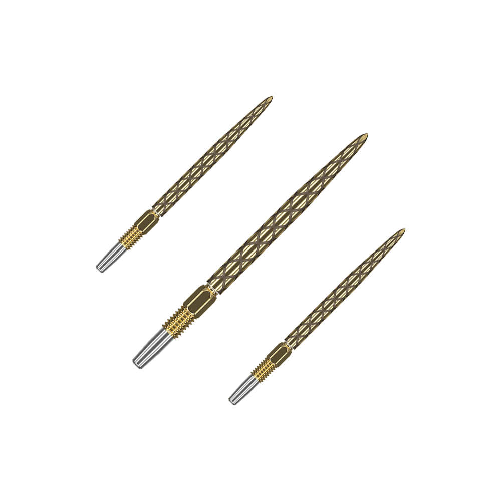 Punte per freccette Target Swiss Diamond Pro Gold Goldene Dartspitzen mit matter Struktur liegen nebeneinander. Das Set ist auf einem hellen Hintergrund platziert.