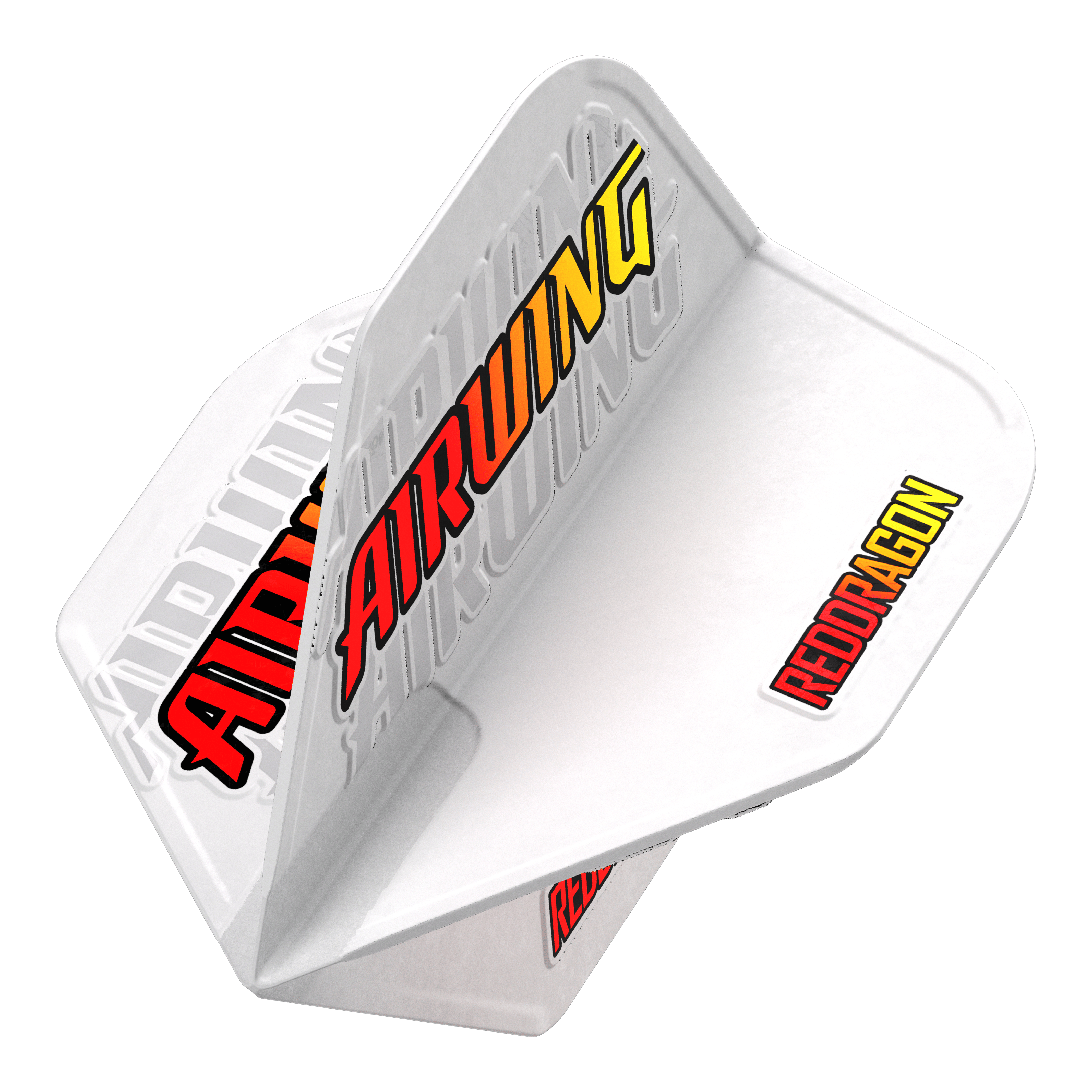 Voli standard con logo rosso Red Dragon Airwing Das Bild zeigt das Produkt "Red Dragon Airwing Red Logo Standard Flights" für Darts. Die Flights sind weiß mit den auffälligen Schriftzügen "AIRWING" und "REDDRAGON" in rot und gelb.