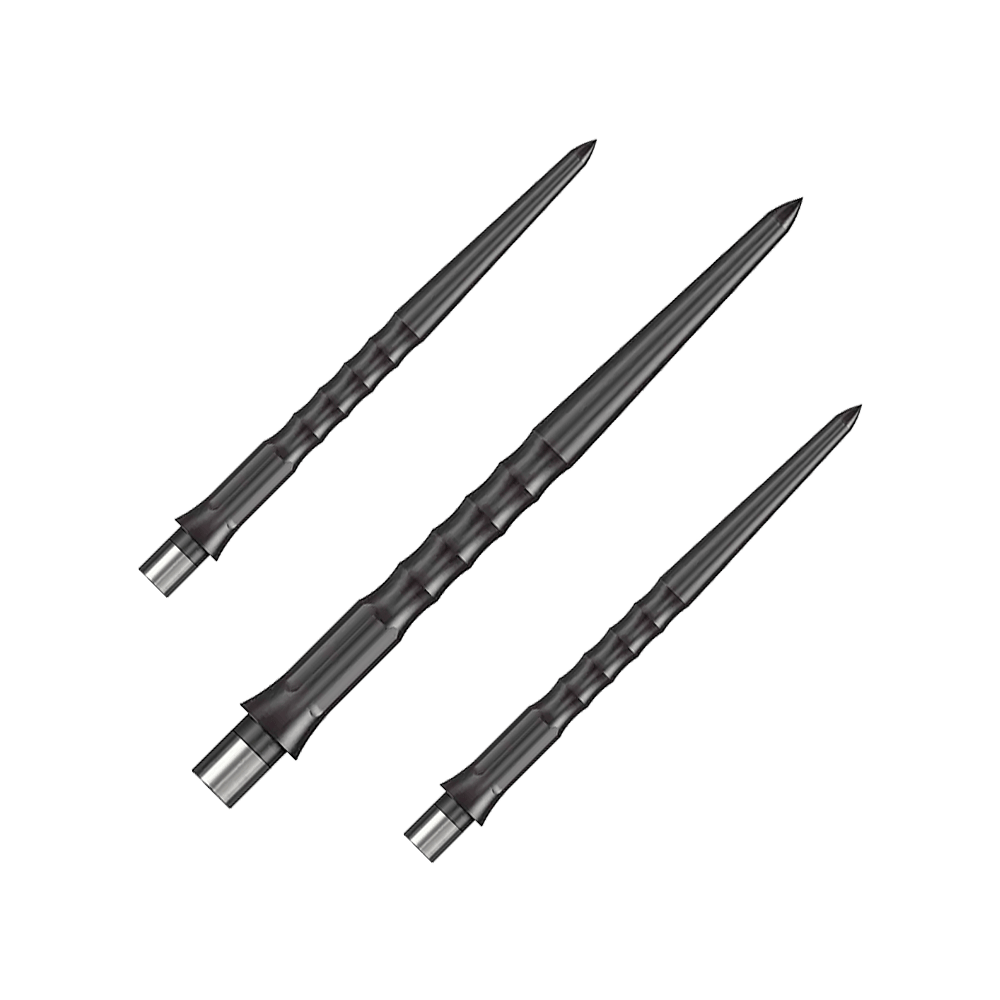 Punte Caliburn System Steeldart - Ripple - NoLip - Nere Das Bild zeigt drei schwarze Steeldartspitzen mit einer gerippten Oberfläche. Die Spitzen sind schlank und haben eine Länge von 32 mm.