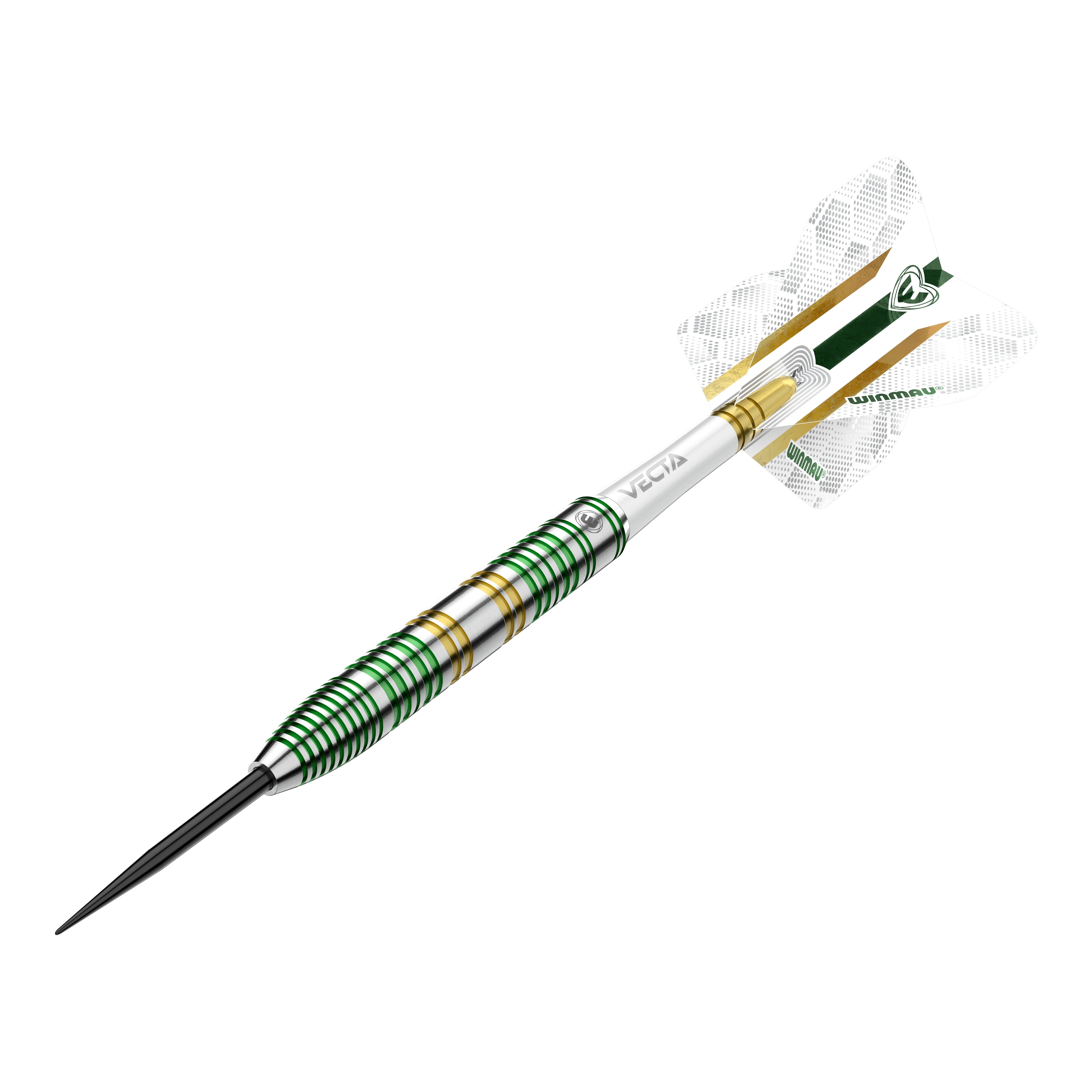 Freccette in acciaio Winmau Xenon Das Bild zeigt einen Winmau Xenon Steeldart. Der Dartpfeil hat ein silbernes Design mit grünen und goldenen Ringen sowie weißen Flights.