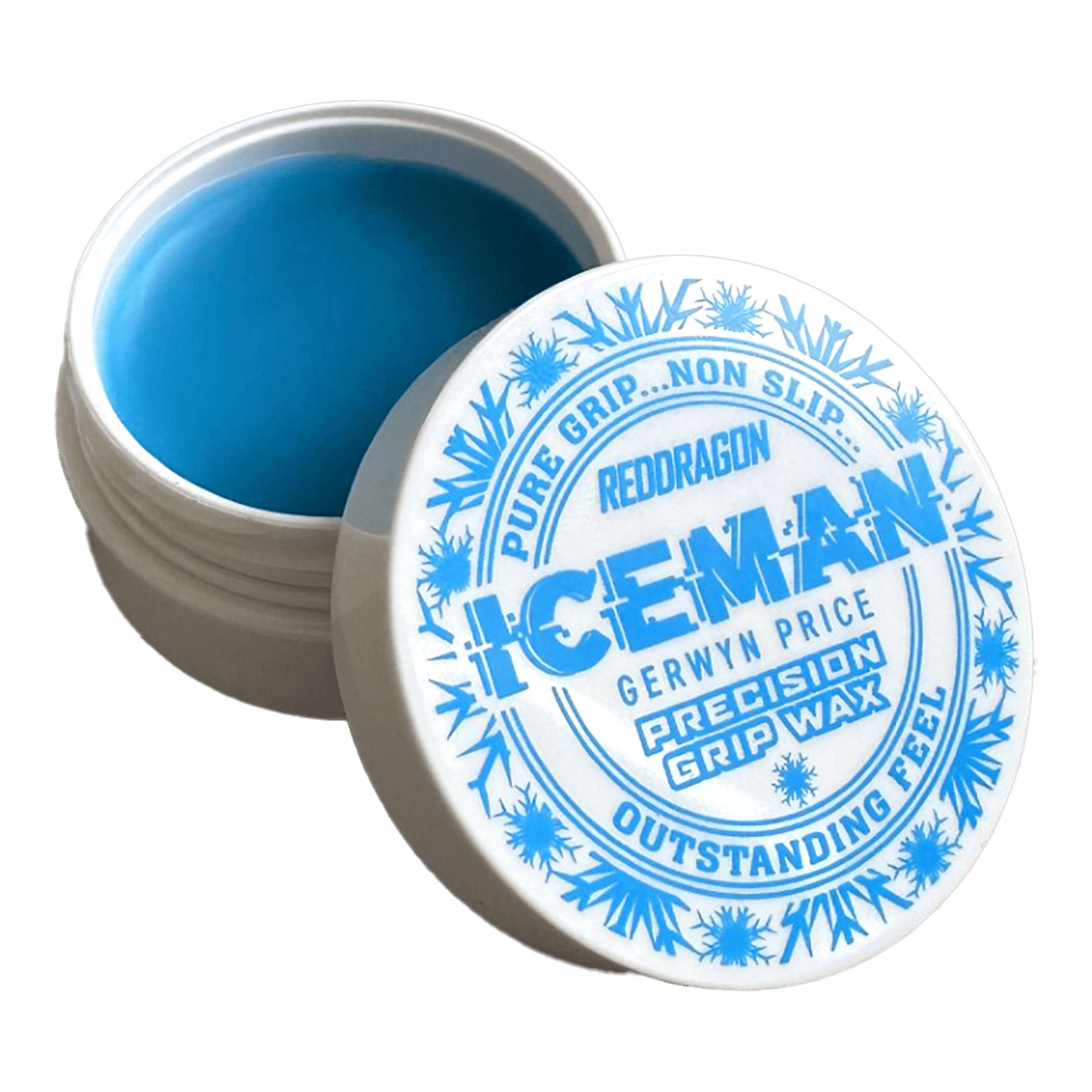 Cera per dita Red Dragon Gerwyn Price Iceman Precision Grip Wax Das Bild zeigt ein offenes Döschen mit blauem Fingerwachs der Marke "Red Dragon Gerwyn Price Iceman Precision Grip Wax". Auf dem Deckel steht in blauer Schrift, dass das Produkt für reinen Halt, Rutschfestigkeit und hervorragendes Gefühl sorgt.