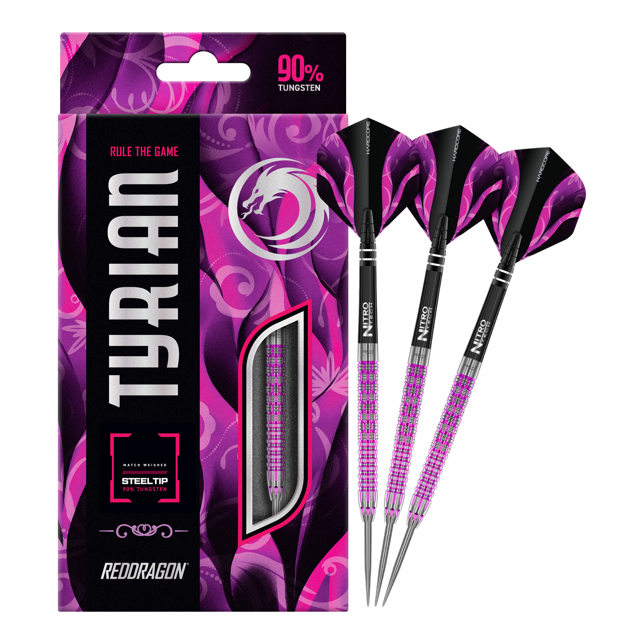 Dardi d'acciaio di Tyrian del drago rosso Das Bild zeigt die Red Dragon Tyrian Steeldarts mit auffälligem lila und pinkem Design. Die Darts bestehen zu 90% aus Tungsten und sind in einer stilvollen Verpackung präsentiert.