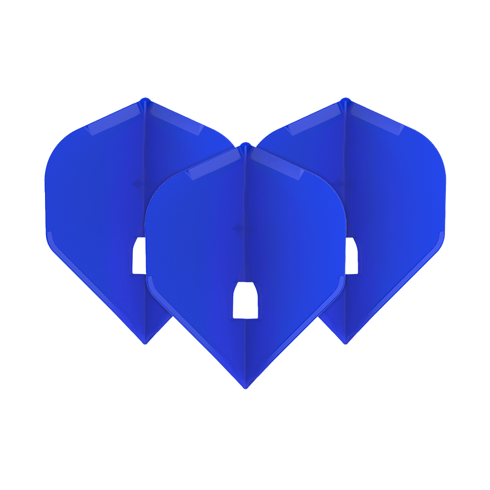 L-Style Champagne L1PRO Flights Auf dem Bild sind drei blaue Dart-Flights zu sehen. Sie stehen aufrecht nebeneinander und sind identisch in Form und Farbe.