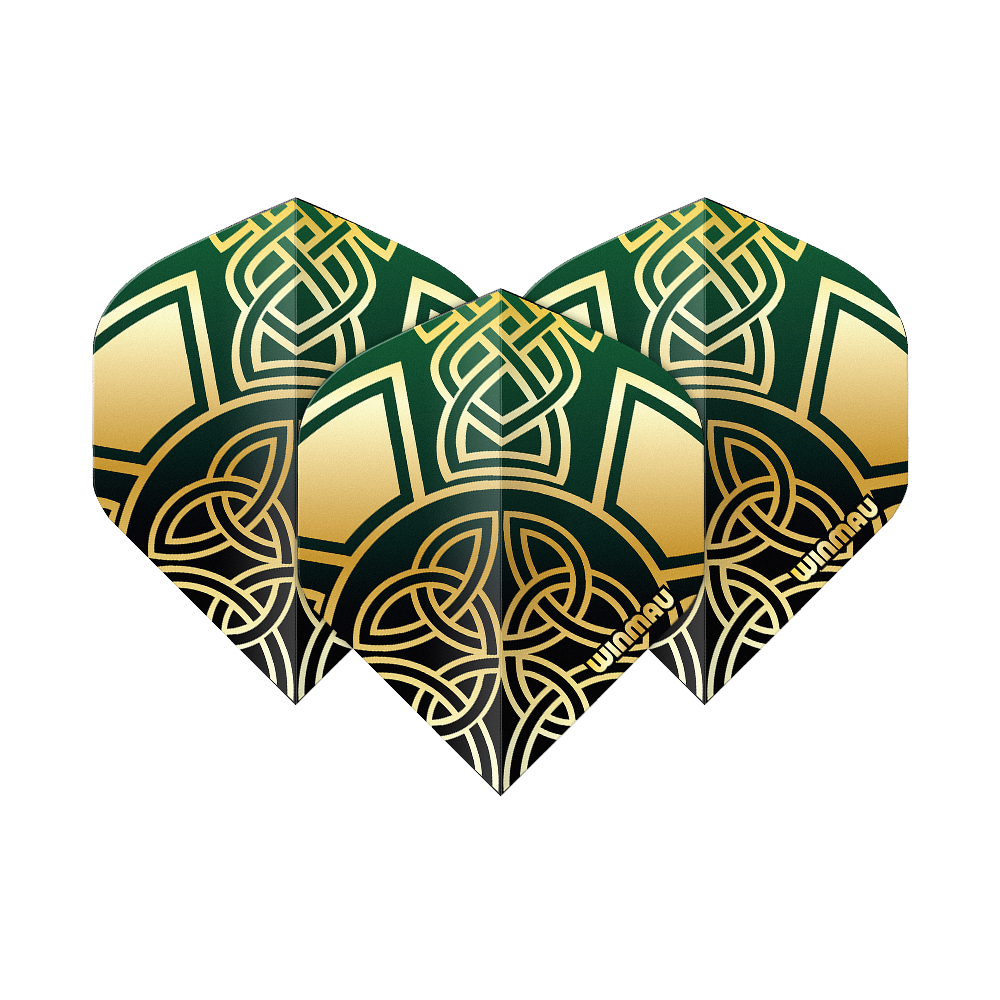 Voli standard Winmau Prism Delta Brendan Dolan Celtic Knot Black Gold No2 Zu sehen sind die Winmau Prism Delta Brendan Dolan Celtic Knot Black Gold No2 Standard Flights. Diese Darts-Flights haben ein schwarzes und goldenes keltisches Knoten-Design.
