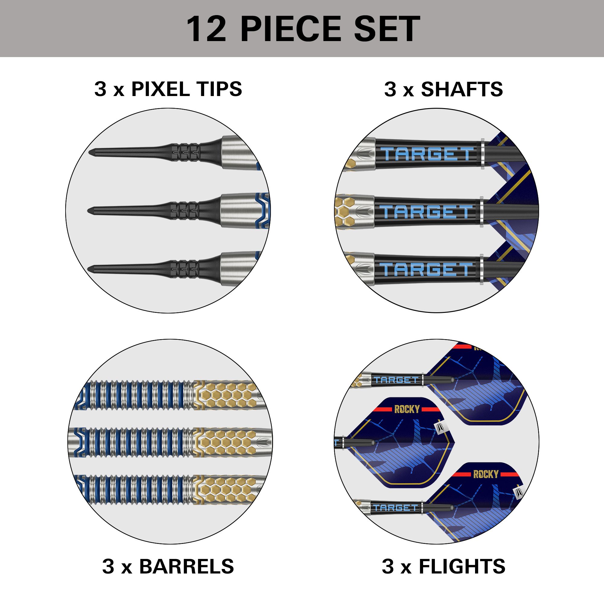 Freccette morbide Target Josh Rock GEN1 - 20 g Dieses Bild zeigt das Produkt "Target Josh Rock GEN1 Softdarts - 20g" als 12-teiliges Set. Es enthält 3 Pixel-Spitzen, 3 Schäfte, 3 Barrels und 3 Flights.