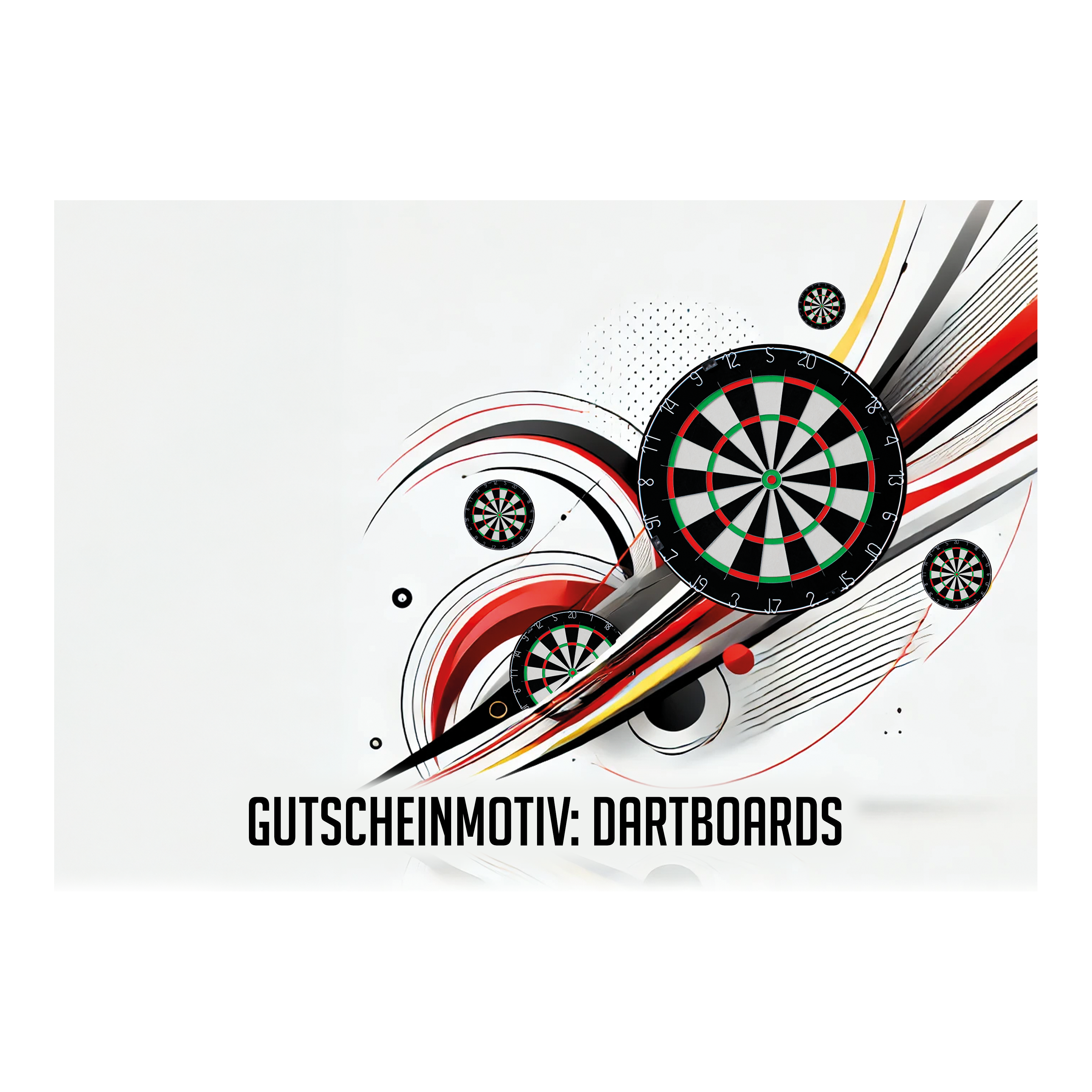 Buono - Bersagli per freccette Das Bild zeigt mehrere stilisierte Dartboards mit dynamischen Linien und Kreisen im Hintergrund. Unten steht der Text "GUTSCHEINMOTIV: DARTBOARDS".