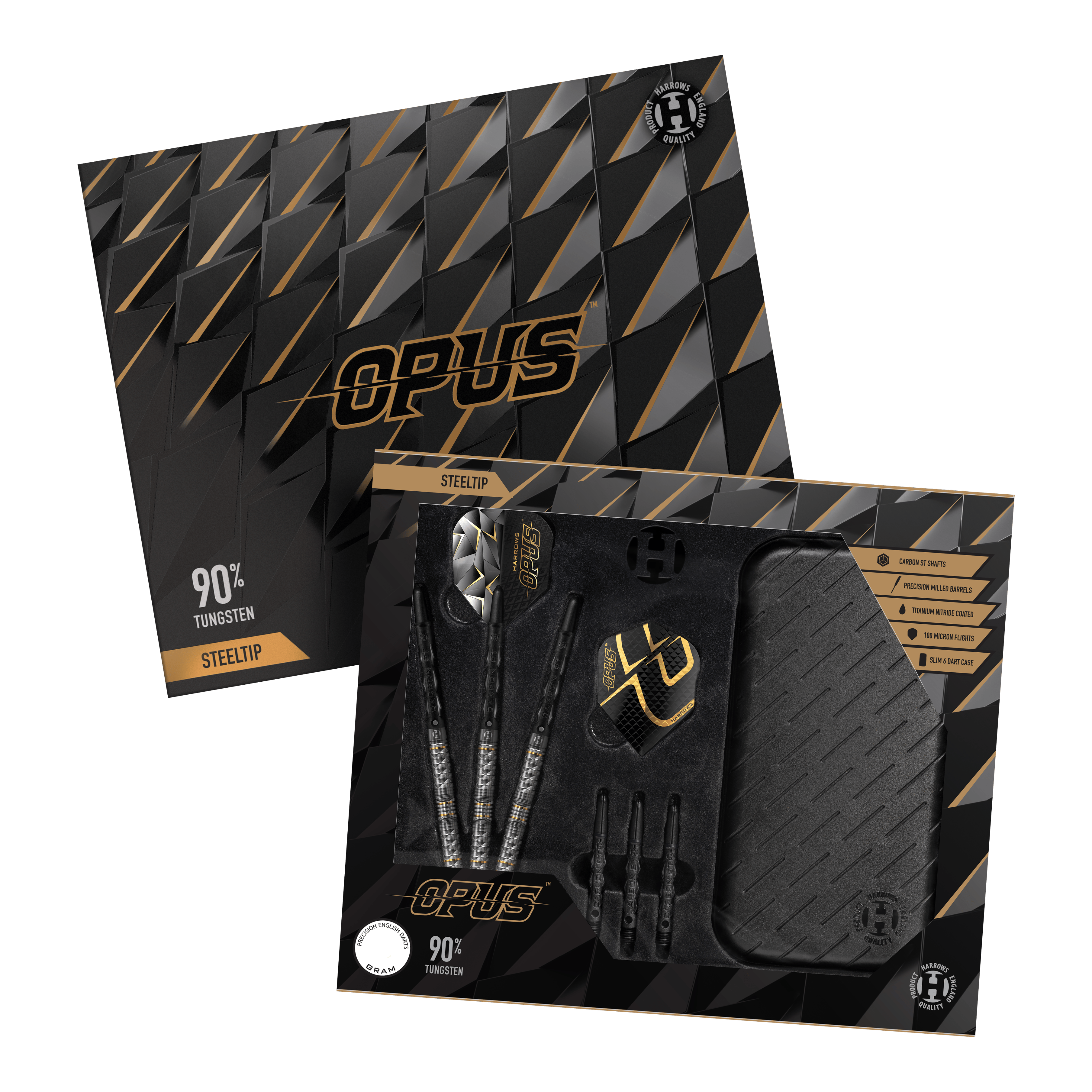 Freccette in acciaio Opus Quick Point di Harrow Harrows Opus Quick Point Steeldarts - 23g. Es werden drei Steeldarts mit 23 Gramm aus der Harrows Opus Reihe dargestellt.