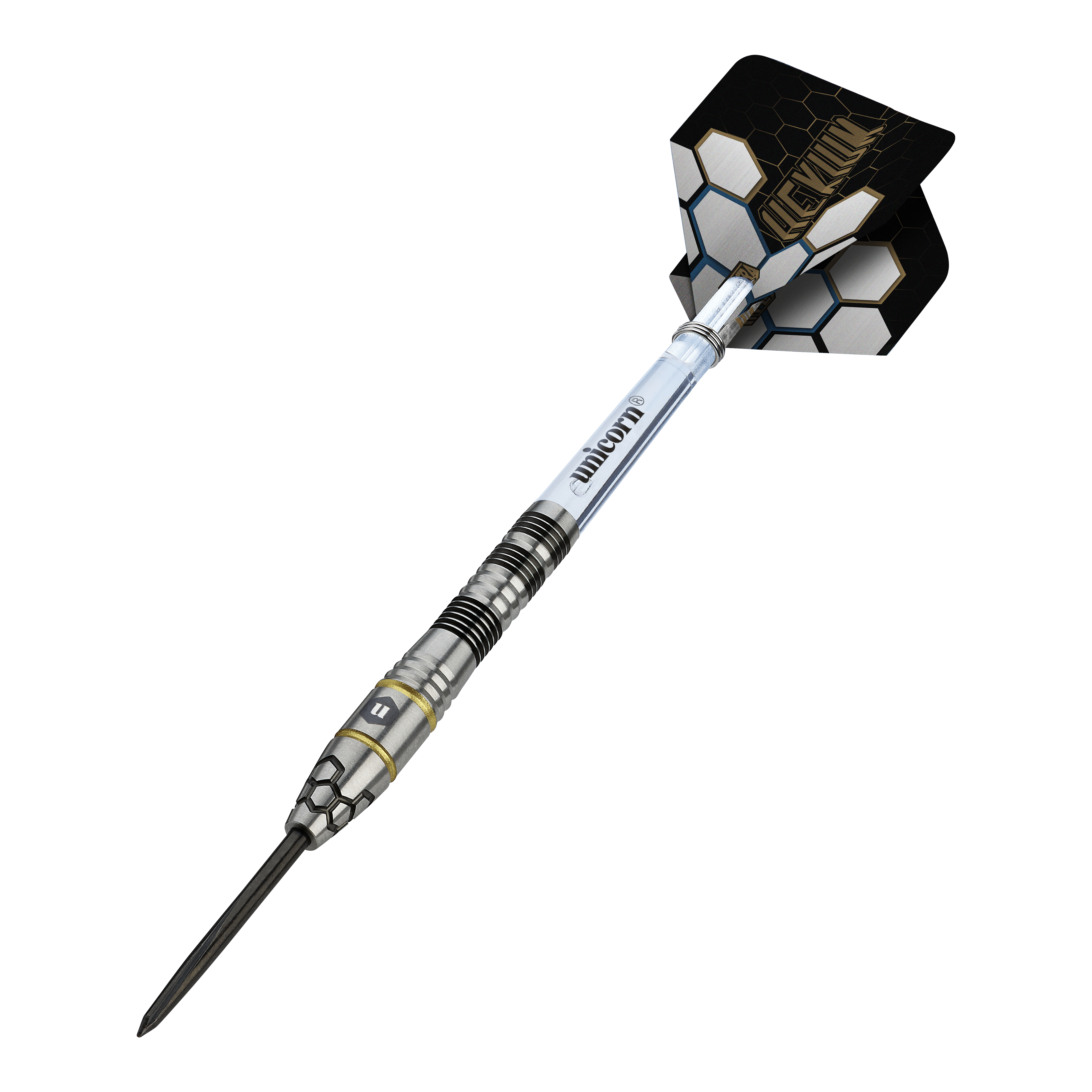 Freccette in acciaio Unicorn Hexium Style 01 nere e oro Hier sieht man die Unicorn Hexium Style 01 Black & Gold Steeldarts. Die Darts haben eine Kombination aus schwarzen und goldenen Elementen.