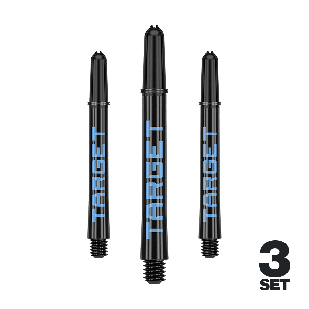 Aste Target Pro Grip TAG - 3 set - Nero Blu Das Bild zeigt drei schwarze Dartschäfte mit blauer "TARGET"-Aufschrift. In der rechten unteren Ecke steht "3 SET".