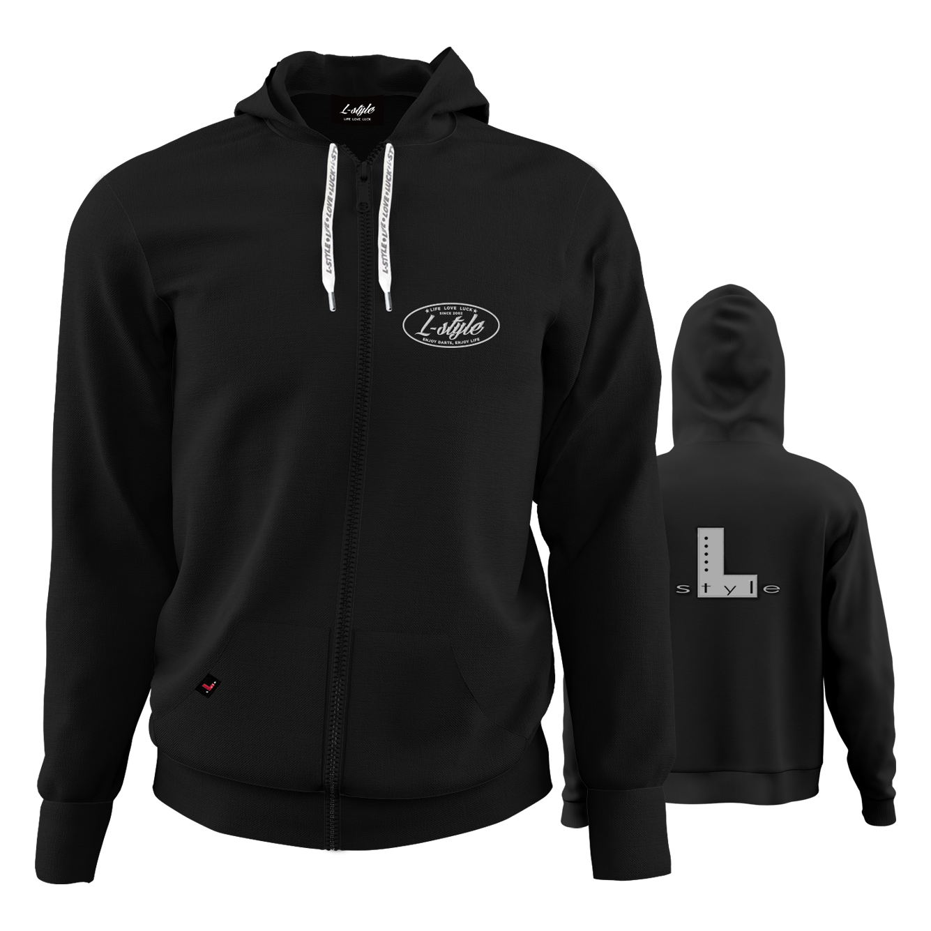 Felpa con cappuccio L-Style - Nero Der "L-Style Hoodie - Schwarz" ist ein schwarzer Kapuzenpulli mit Reißverschluss und weißen Kordeln. Auf der Vorderseite befindet sich ein kleines "L-Style"-Logo, während auf der Rückseite ein großes "L style"-Design zu sehen ist.