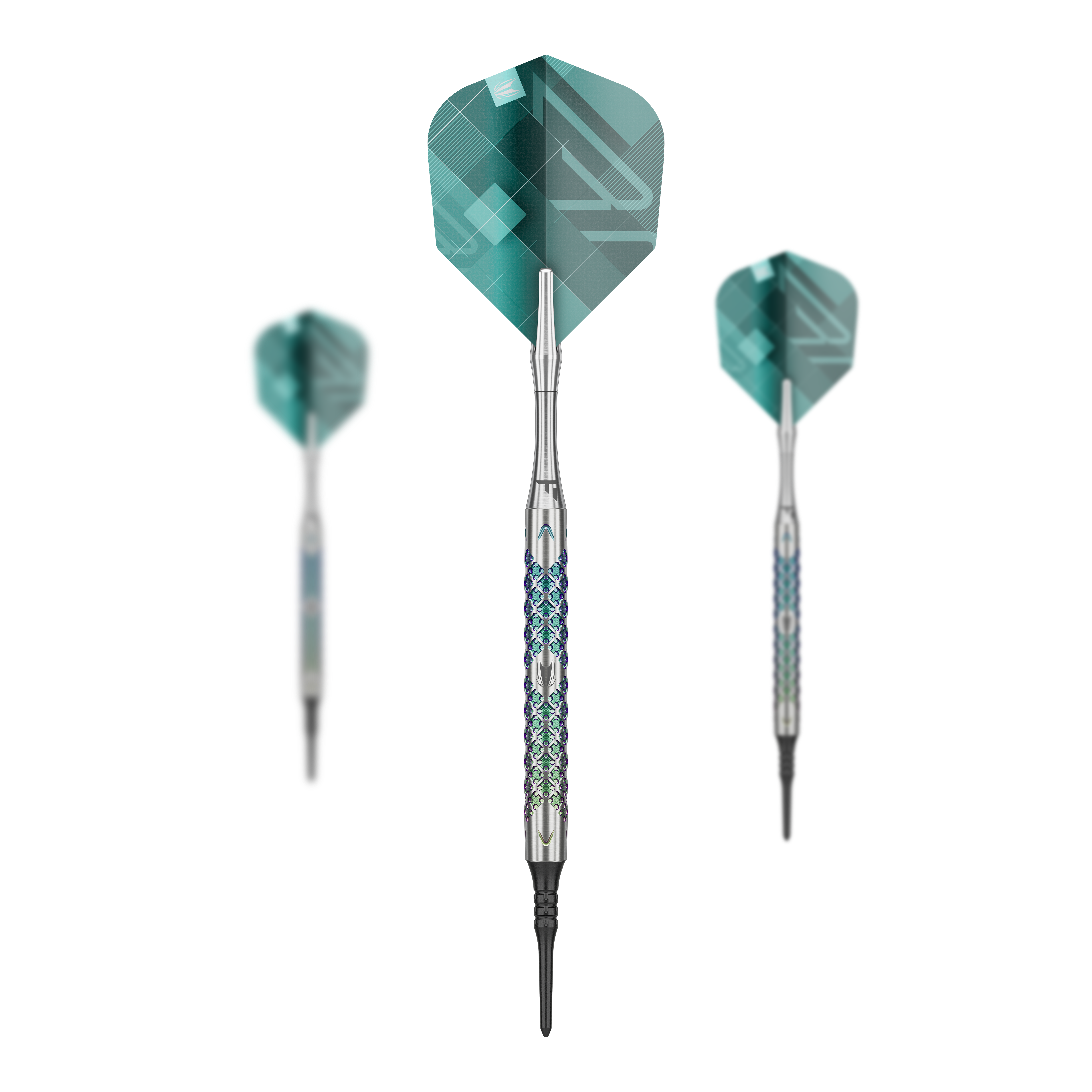 Target Rove 10 freccette morbide Das Bild zeigt drei Softdarts des Modells "Target Rove 10" mit silbernen Schäften und grünen Flights. Die Darts sind elegant gestaltet und stehen vor einem schwarzen Hintergrund.