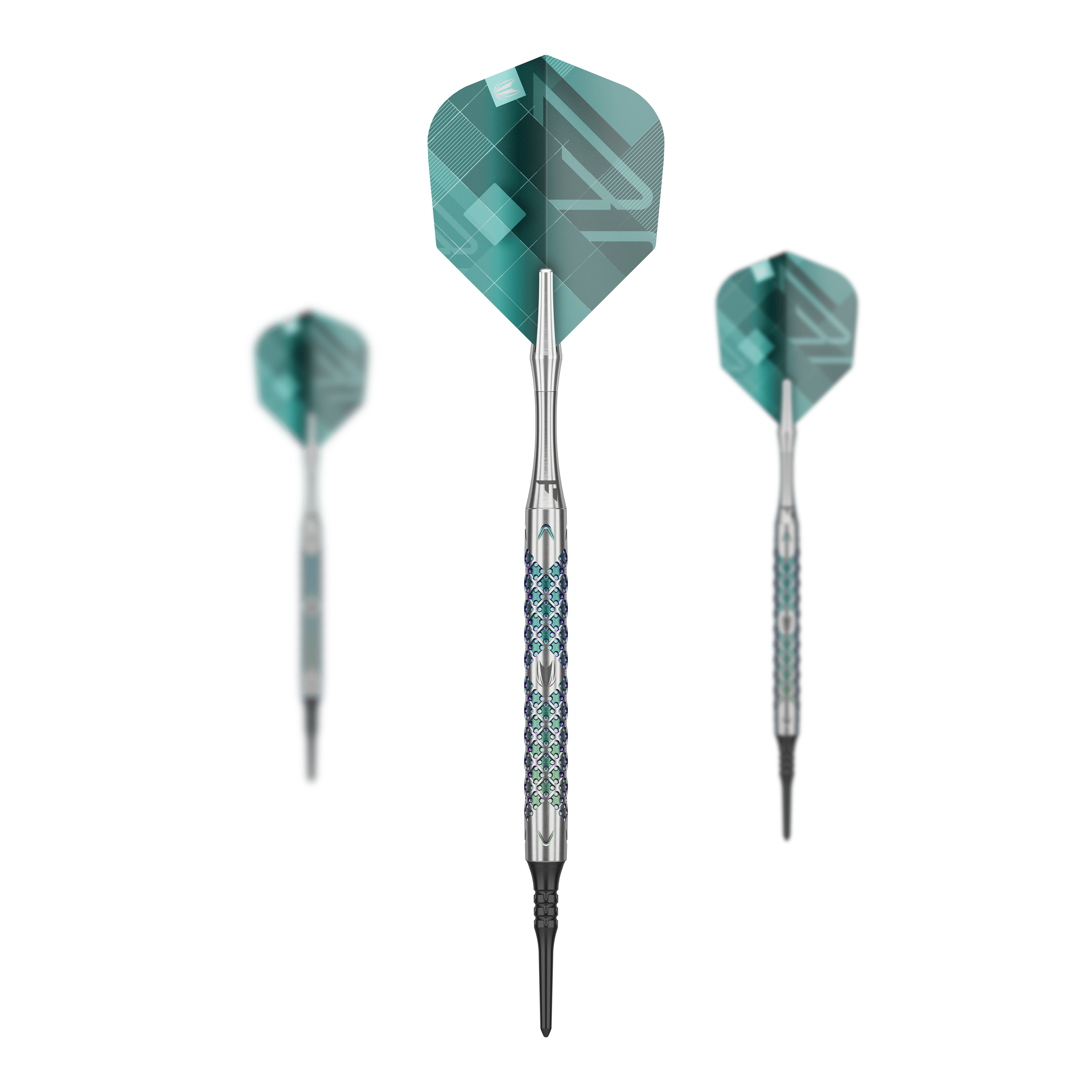 Target Rove 10 freccette morbide Das Set Target Rove 10 Softdarts zeigt mehrere Darts zusammen. Die Produkte sind gleichmäßig angeordnet.