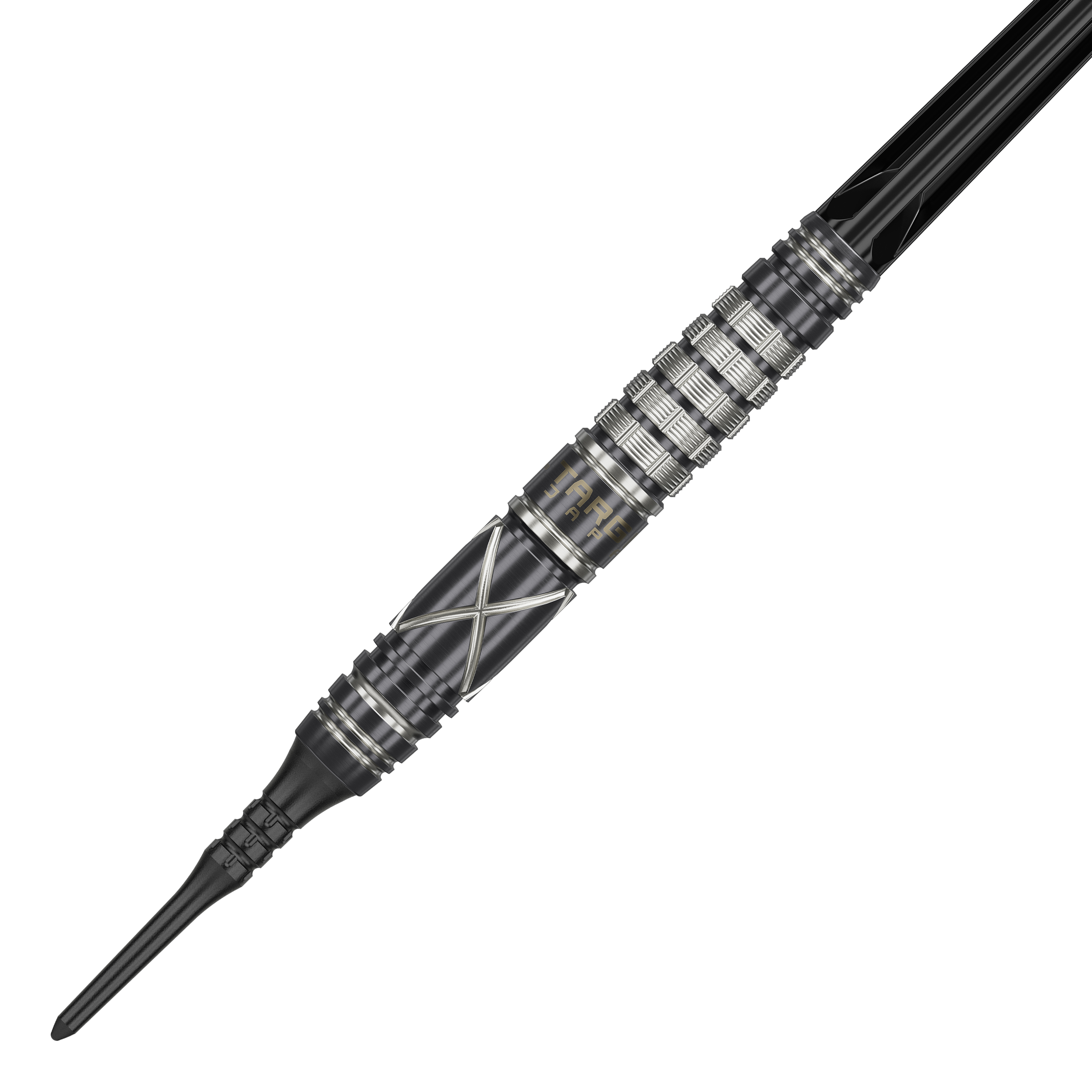 Auf dem Bild ist ein Softdart der Marke "Target Japan Black Marque Chaos 2" mit 19g Gewicht zu sehen. Der Dartpfeil hat ein schwarzes Design mit silbernen Akzenten und einer geriffelten Griffzone.