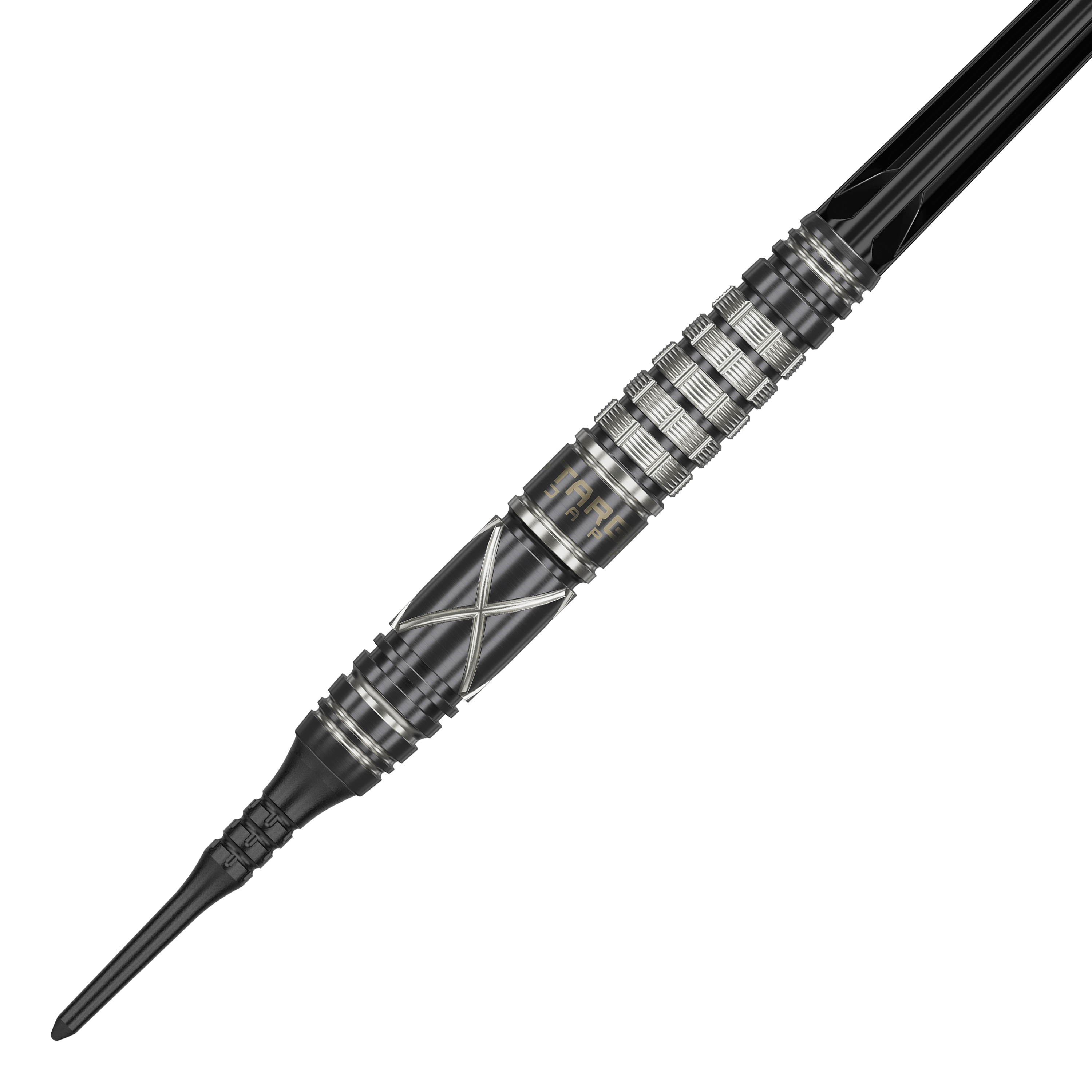 Target Japan Black Marque Chaos 2 freccette morbide - 19 g Auf dem Bild ist ein Softdart der Marke "Target Japan Black Marque Chaos 2" mit 19g Gewicht zu sehen. Der Dartpfeil hat ein schwarzes Design mit silbernen Akzenten und einer geriffelten Griffzone.