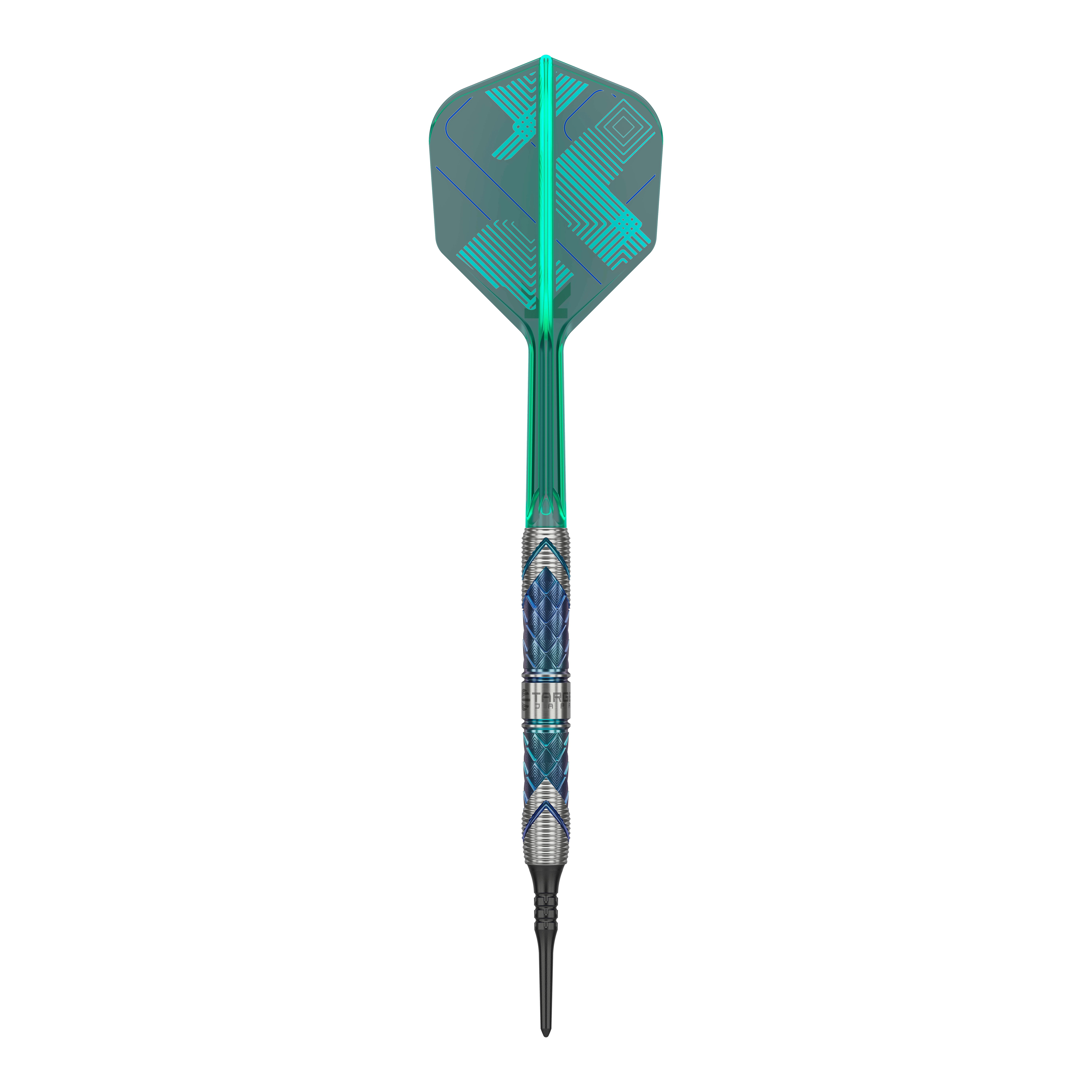 Target Japan Kaze Series Ceros 03 Freccette morbide - 19 g Das Bild zeigt einen Target Japan Kaze Series Ceros 03 Softdart mit einem Gewicht von 19 Gramm. Der Dart hat ein auffälliges Design mit blauen und silbernen Mustern sowie einer grünen Flight.