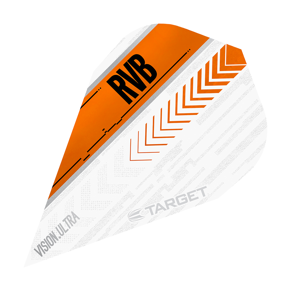 TG59_332040_Target_Vision_Ultra_RvB_Orange_Vapor_Flights_1pgcH20JL8fFOo Das Bild zeigt ein Dartflight mit dem Namen "Target Vision Ultra RvB Orange Vapor Flights". Das Design ist überwiegend weiß mit orangen und schwarzen Akzenten sowie der Aufschrift "RVB".