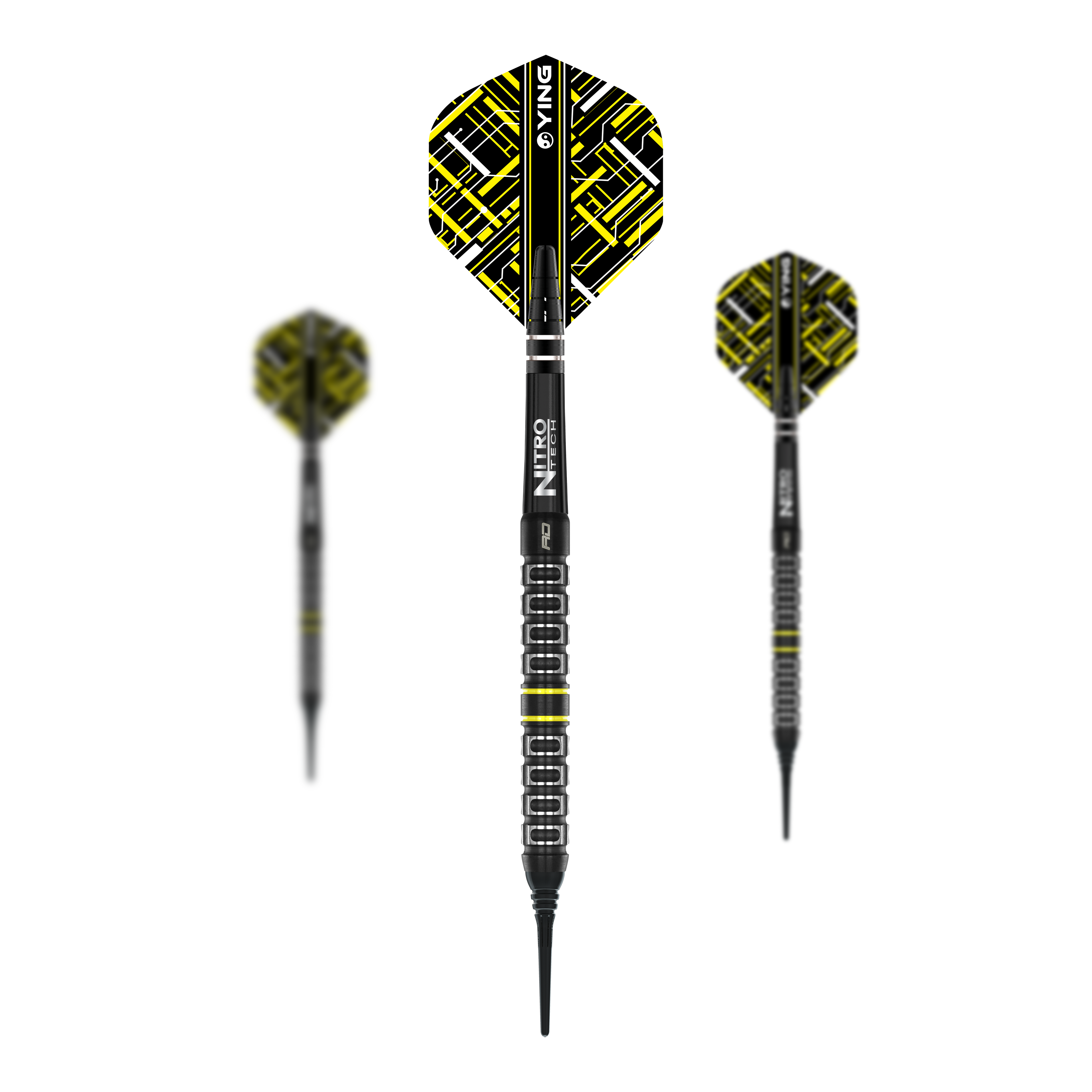 Red Dragon Astraeus Q4X Dardi Soft Paralleli - 20g Das Bild zeigt drei Softdarts des Modells "Red Dragon Astraeus Q4X Parallel" mit einem Gewicht von 20g. Die Darts haben ein auffälliges schwarz-gelbes Design mit geometrischem Muster auf den Flights.