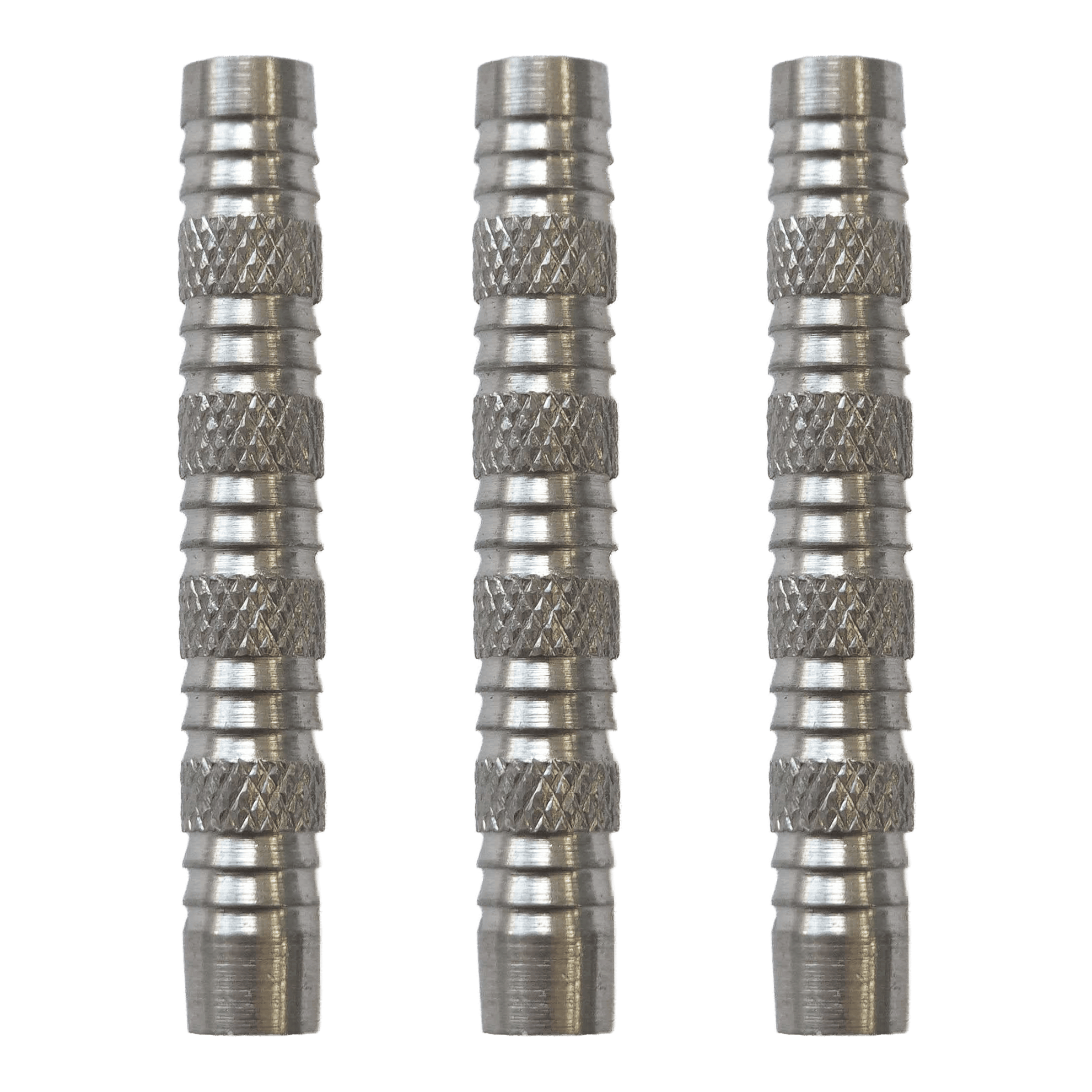 Freccette morbide McDart Knurled Shark - 18 g Hier sieht man McDart Knurled Shark Softdart Barrels - 18g als Set. Die Dart-Barrels sind silbern und haben ein markantes Rillenmuster.
