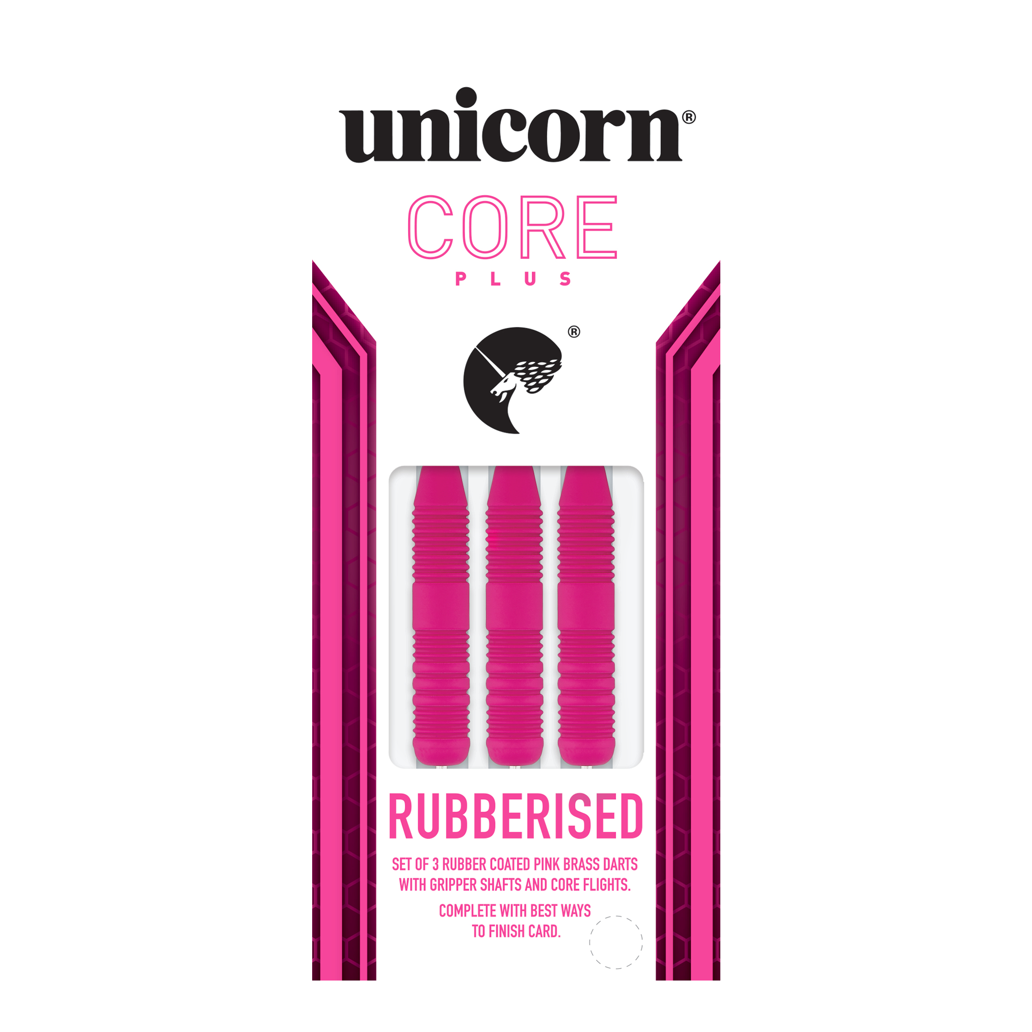 Freccette in acciaio rosa gommate Unicorn Core Plus Das Bild zeigt eine Packung mit drei pinken, gummierten Steeldarts der Marke Unicorn Core Plus. Die Darts haben geriffelte Griffe und werden in einer weiß-pinken Verpackung präsentiert.