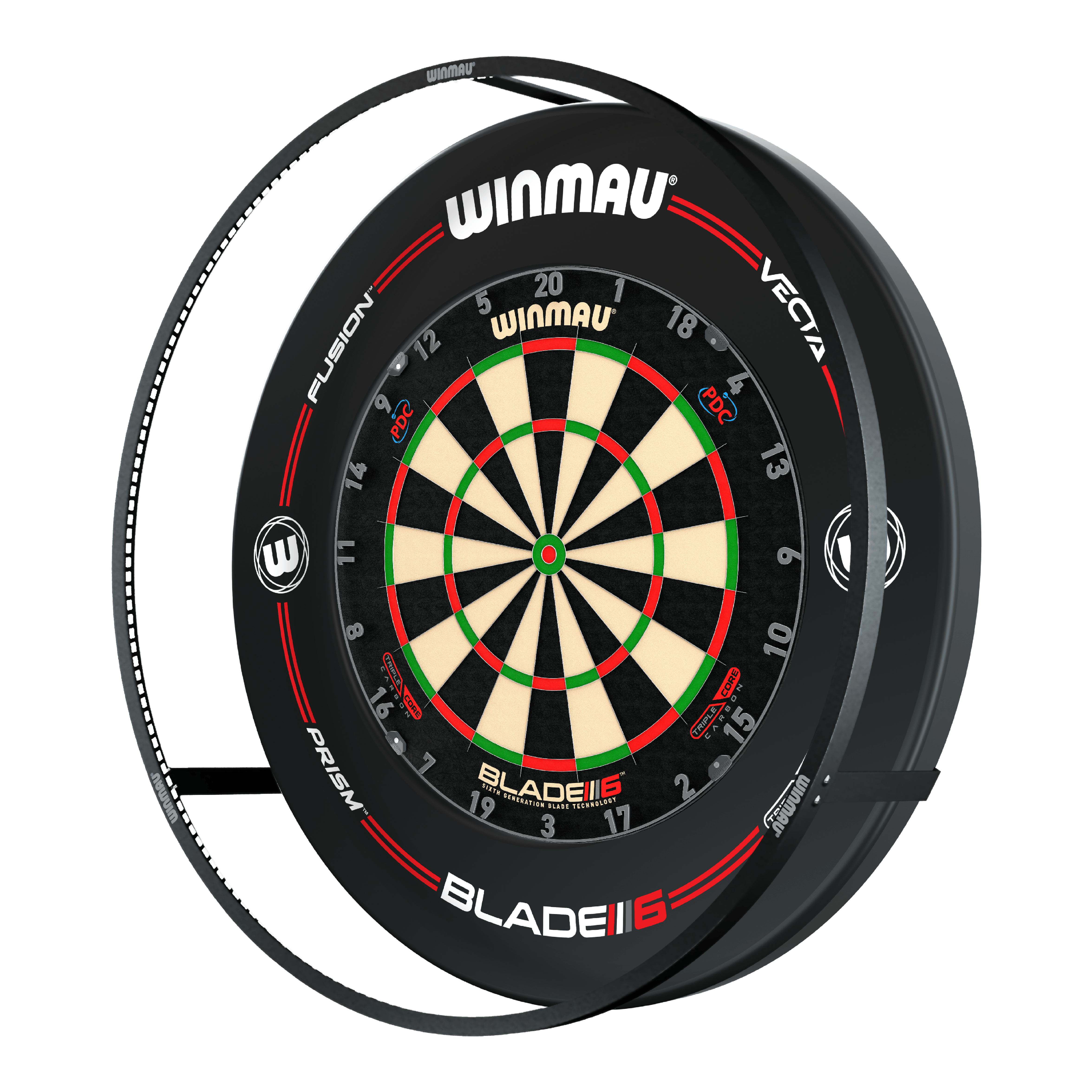 PACCHETTO Illuminazione e surround LED al plasma Winmau Das Bild zeigt das 'Winmau Plasma LED Beleuchtung und Surround Bundle' mit einer Dartscheibe. Um die Scheibe herum befindet sich eine LED-Beleuchtung und ein schwarzer Schutzring.