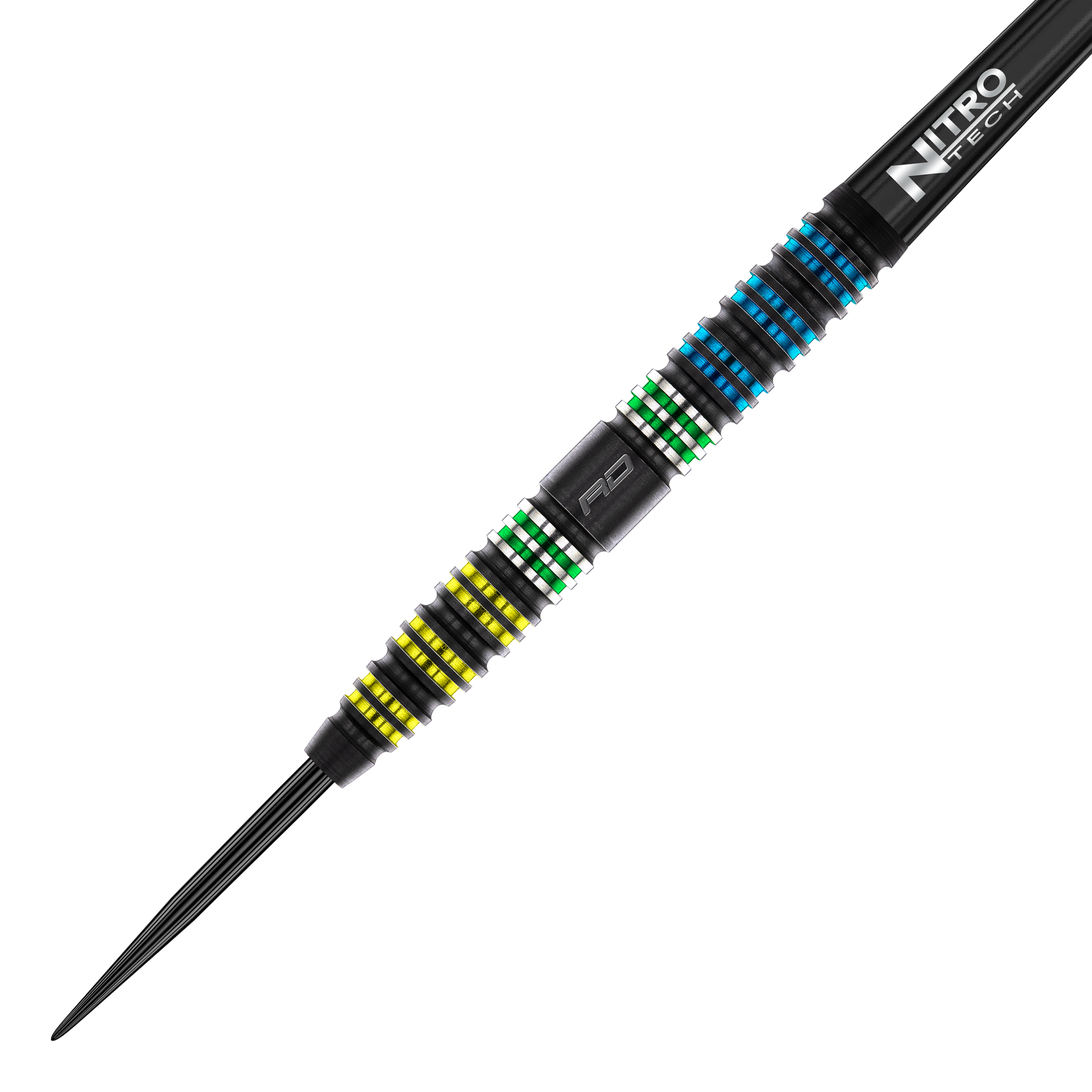 Red Dragon Dragonfly 95 freccette in acciaio coniche nere Das Bild zeigt den Red Dragon Dragonfly 95 Black Tapered Steeldart. Der Dart hat farbige Ringe in Gelb, Grün und Blau sowie einen schwarzen Schaft mit der Aufschrift "Nitro Tech".
