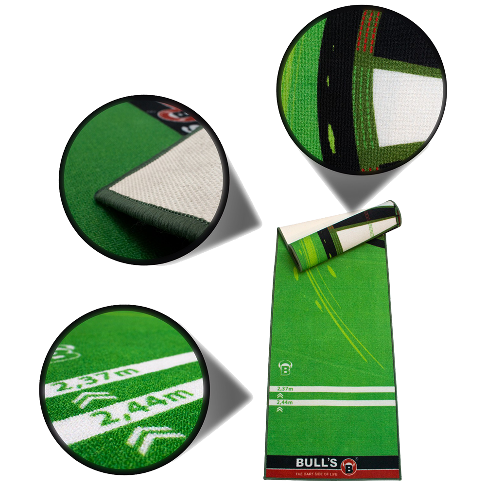 67809_Bulls_Carpet-Mat_120_Green_2 Der Bulls Carpet-Mat Teppich 120 in Grün ist ein langer, schmaler Teppich mit verschiedenen Markierungen und Details. Die Nahaufnahmen zeigen die hochwertige Verarbeitung und die rutschfeste Unterseite.