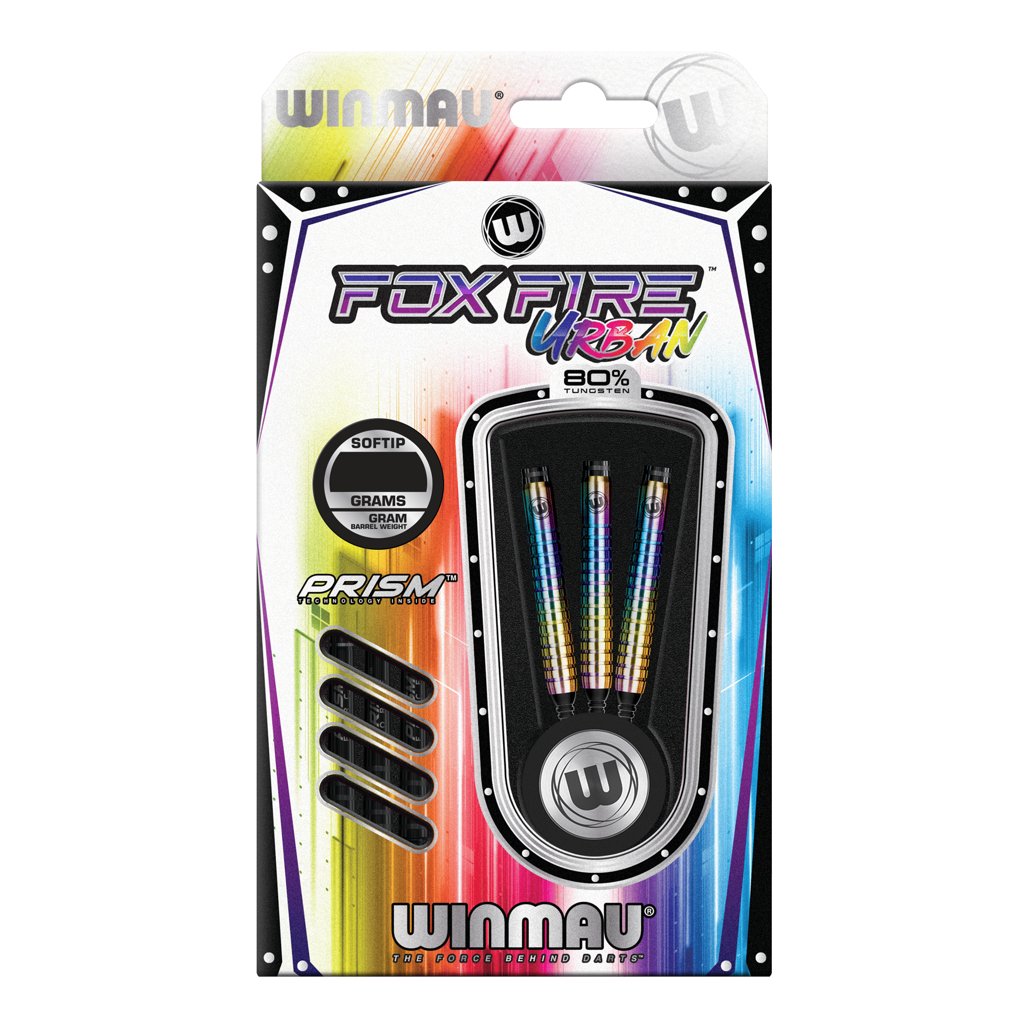 Freccette morbide Winmau Foxfire Urban - 20 g Das Bild zeigt die Winmau Foxfire Urban Softdarts mit einem Gewicht von 20 Gramm. Die Verpackung ist bunt gestaltet und enthält drei Darts mit Regenbogen-Design.