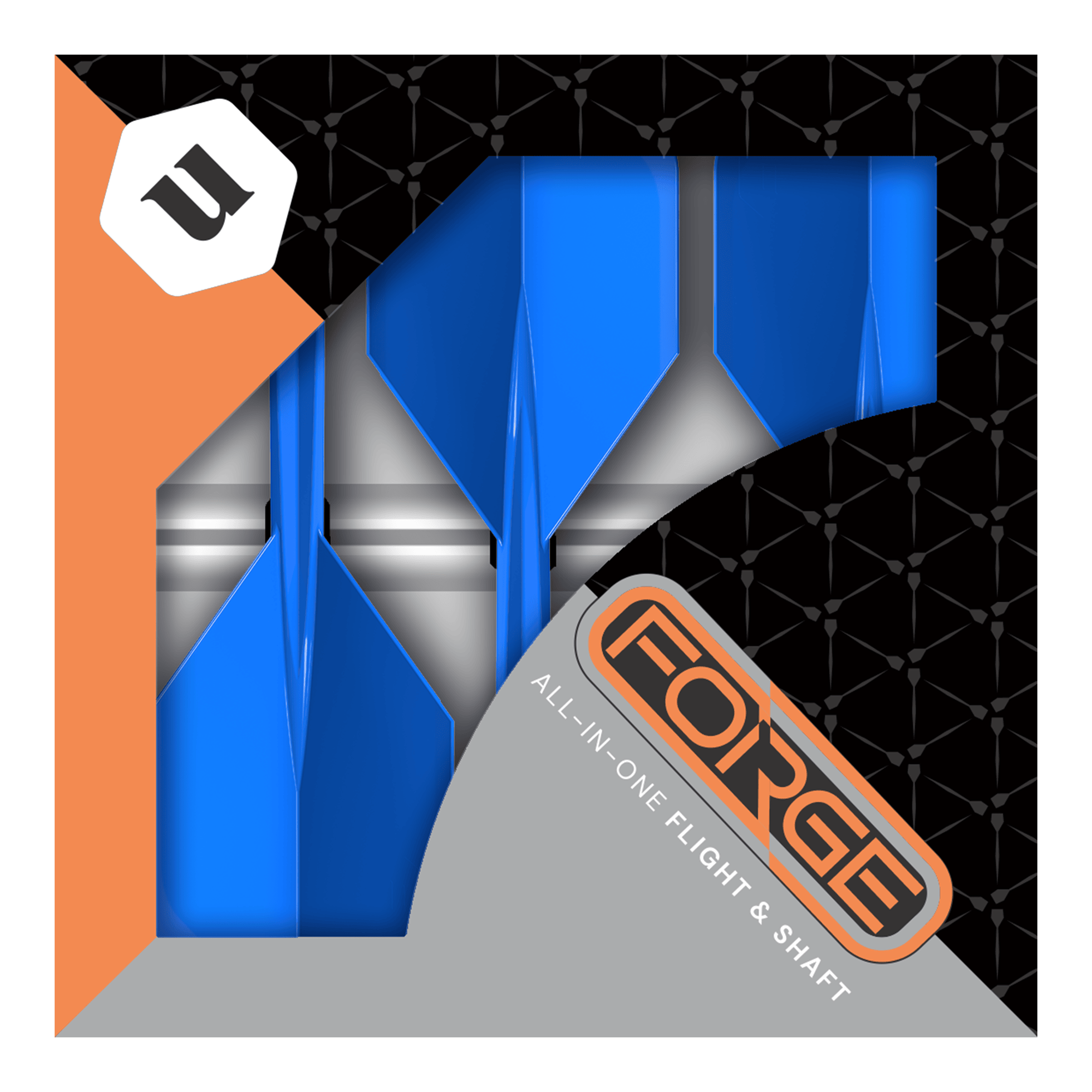 Unicorn Forge All In One Plus No2 Standard Flights Blu - Medio Dies ist eine Verpackung der „Unicorn Forge All In One Plus No2 Standard Flights Blau - Medium“. In der Schachtel befinden sich blaue Dart-Flights mit integriertem Schaft.