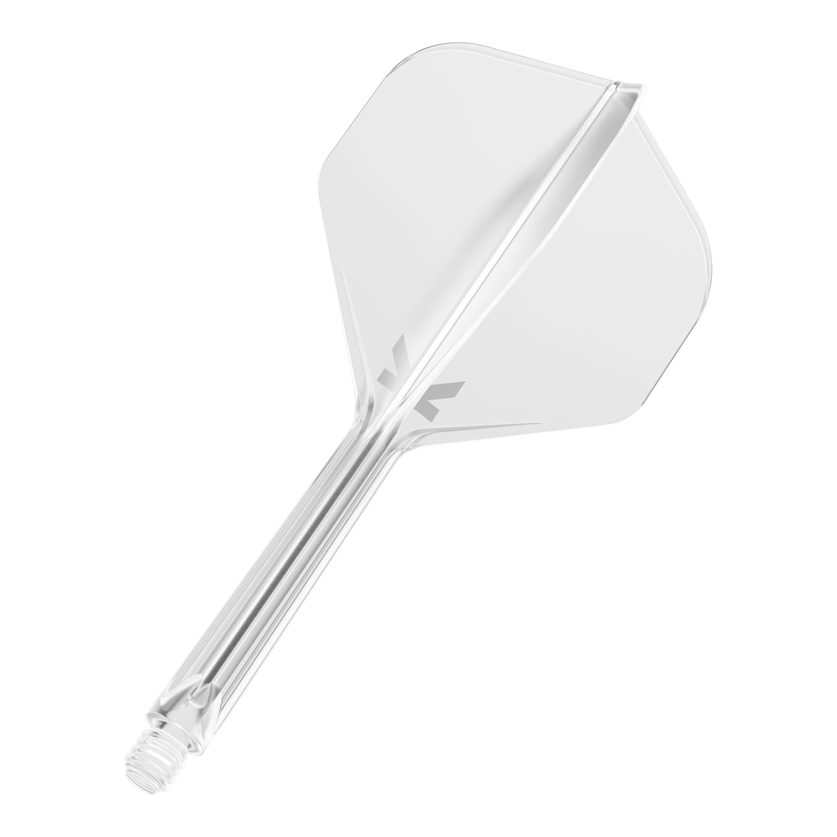 Target K-Flex No2 Standard Flight System - Trasparente Das Bild zeigt einen klaren Dart-Flight mit integriertem Schaft. Das Design ist schlicht und durchsichtig, mit einem kleinen grauen Logo auf dem Flight.