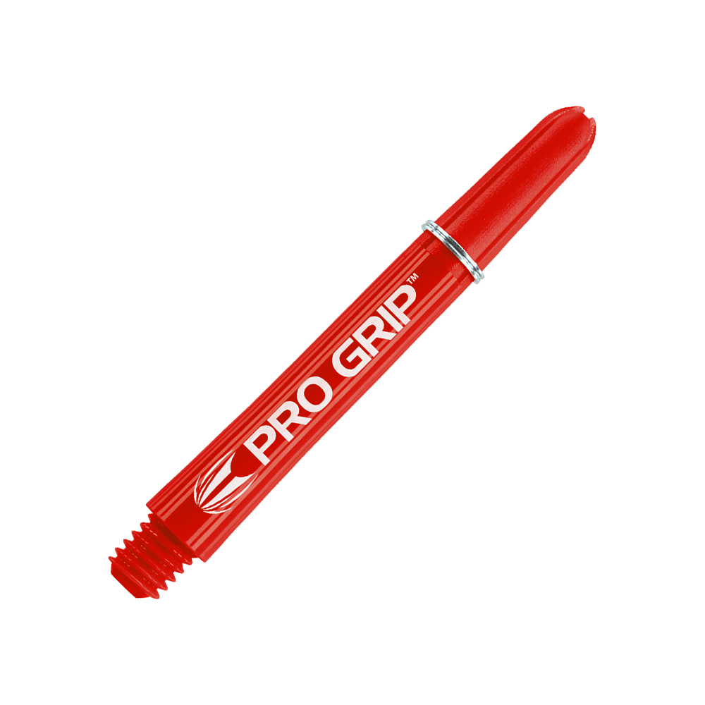 Target Pro Grip Shafts - 3 set - Rosso Das Bild zeigt einen roten Dartshaft mit der Aufschrift "PRO GRIP". Der Hintergrund ist ebenfalls rot und weist ein Muster aus Linien auf.