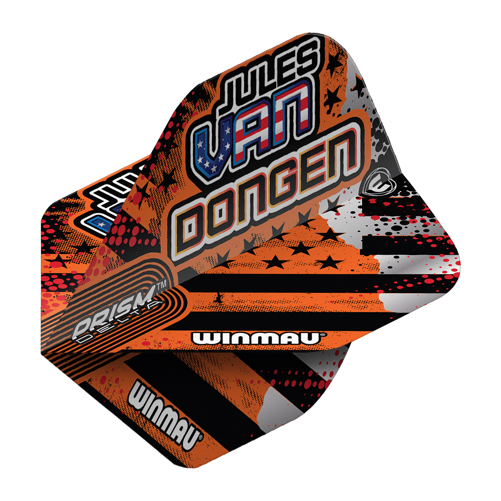 Voli standard Winmau Prism Delta Jules Van Dongen Das Bild zeigt die Winmau Prism Delta Jules Van Dongen Standard Flights. Die Flights haben ein auffälliges Design mit orangenen, schwarzen und weißen Farben sowie dem Namen "Jules Van Dongen" aufgedruckt.