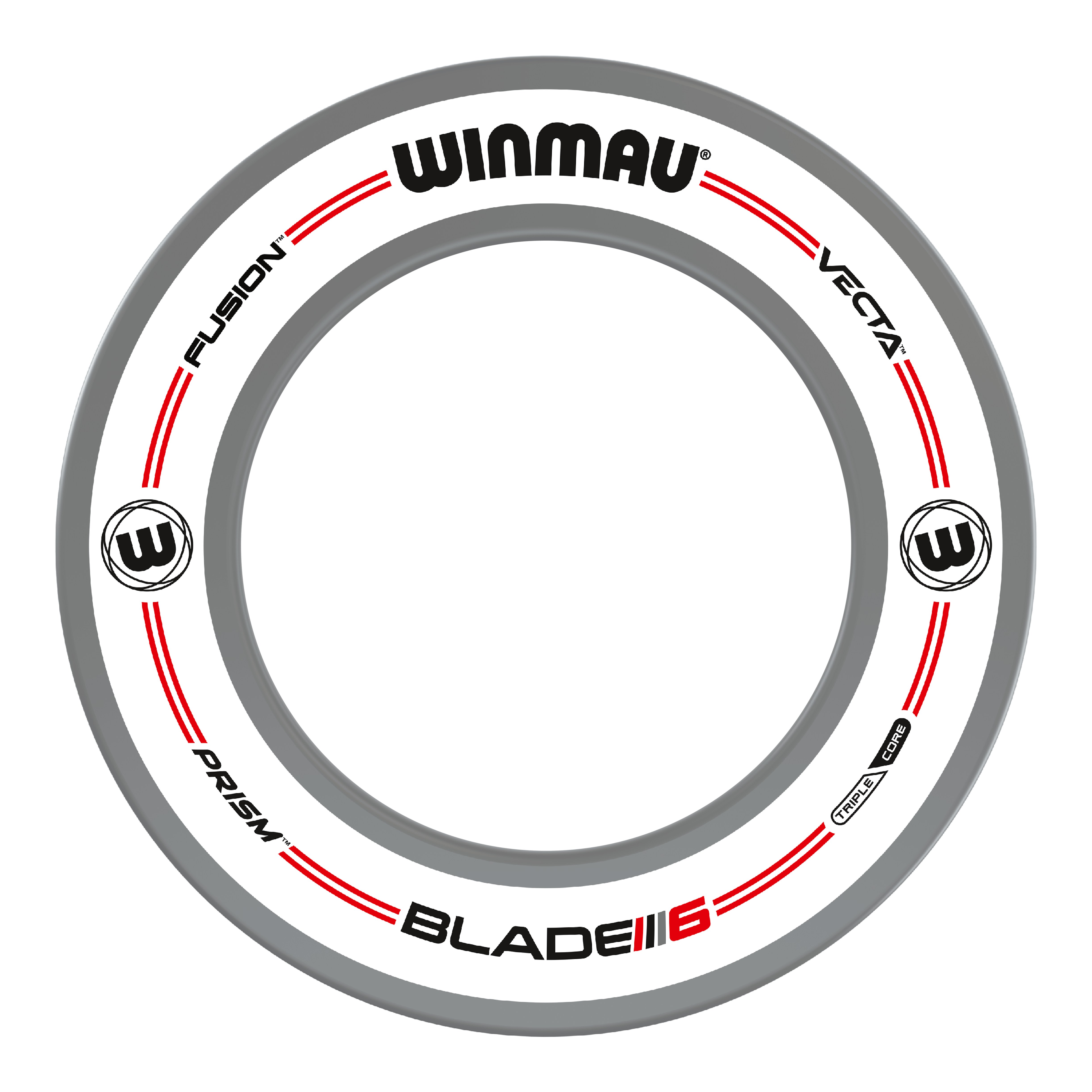 Das Bild zeigt das Winmau Pro-Line Original White Dartboard Surround. Es ist ein weißer, runder Schutzring mit schwarzen und roten Akzenten sowie verschiedenen Aufdrucken.