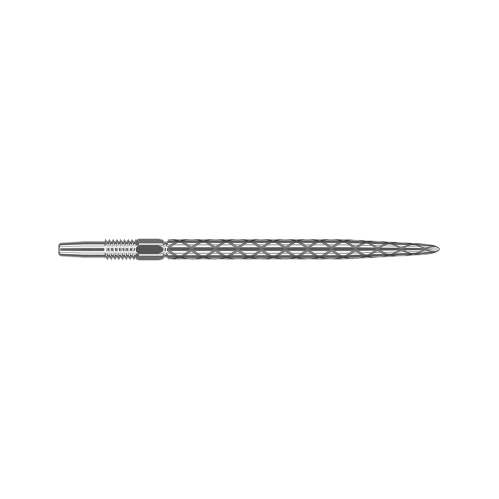 Punte per freccette Target Swiss Diamond Pro Silver Points Das Bild zeigt eine silberne Dartspitze mit einem Rautenmuster entlang des Schafts. Die Spitze ist gerade und hat feine Gravuren zur besseren Griffigkeit.