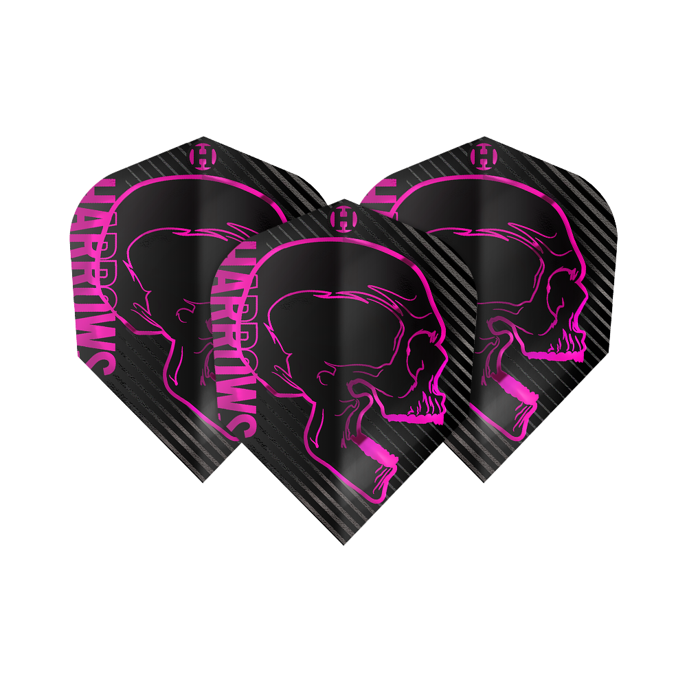 Voli Harrows Rage Pink No6 Das Bild zeigt drei schwarze Dartflights mit einem auffälligen pinken Totenkopf-Design. Auf den Flights steht seitlich in pink der Schriftzug "Harrows".