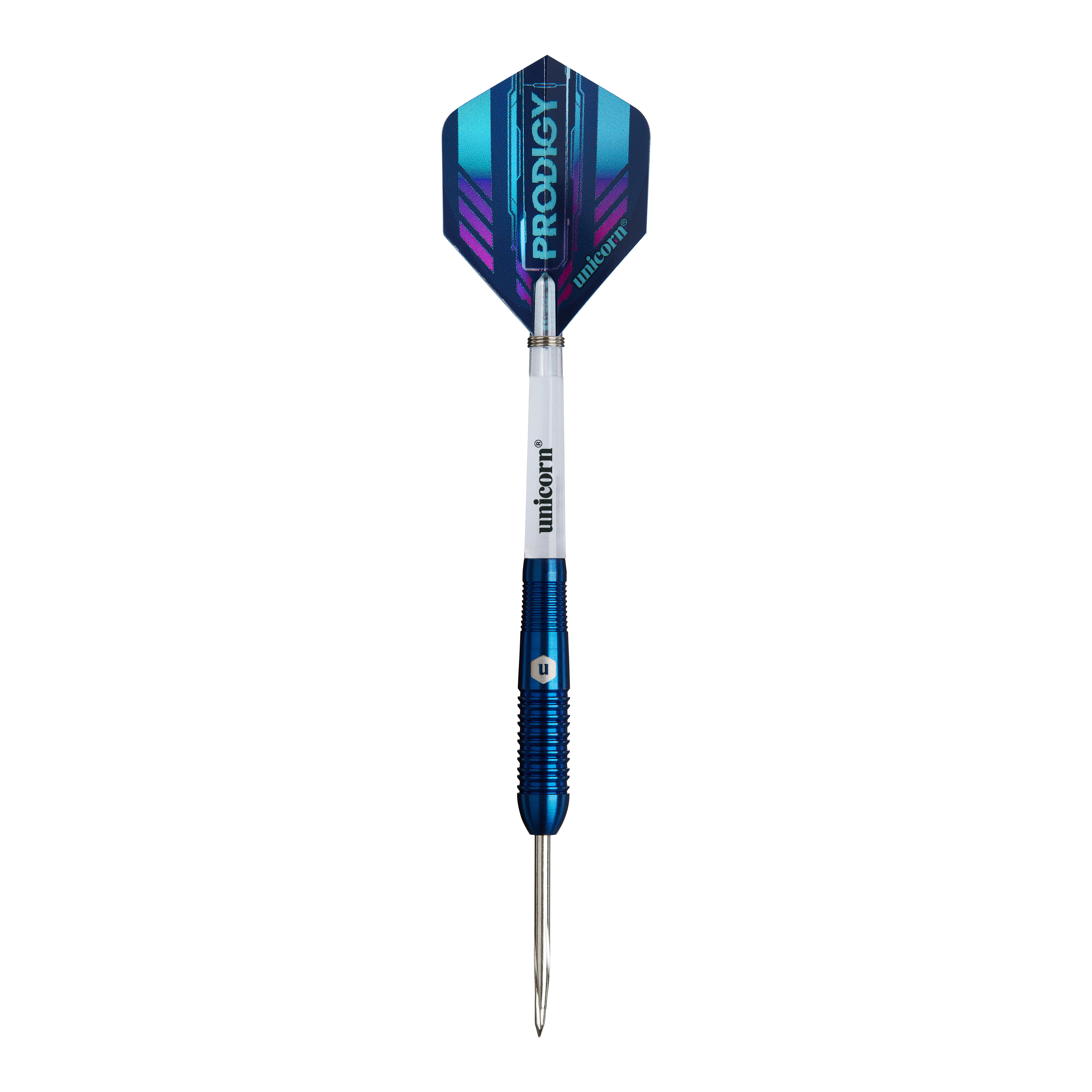 Unicorn Prodigy 02 Torpedo freccette in acciaio Das Bild zeigt einen Unicorn Prodigy 02 Torpedo Steeldart. Der Dartpfeil hat blaue und silberne Farben mit einer spitzen Metallspitze und einem modernen Flight-Design.