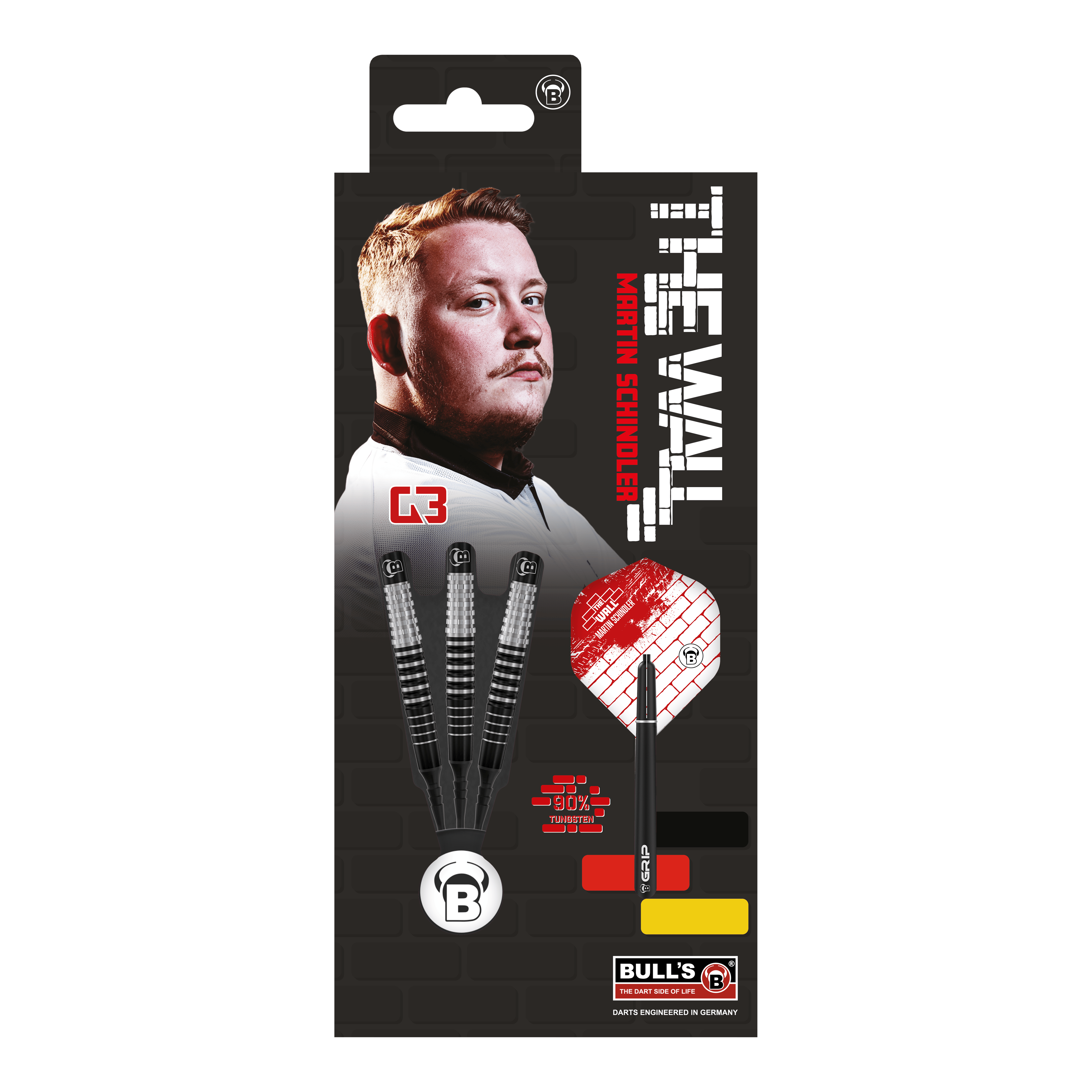 Bulls Martin Schindler Original Generation 3 freccette morbide Das Bild zeigt die Verpackung der "Bulls Martin Schindler Original Generation 3 Softdarts". Auf der Verpackung ist ein Porträt von Martin Schindler sowie drei Softdarts und das Logo von Bull's abgebildet.