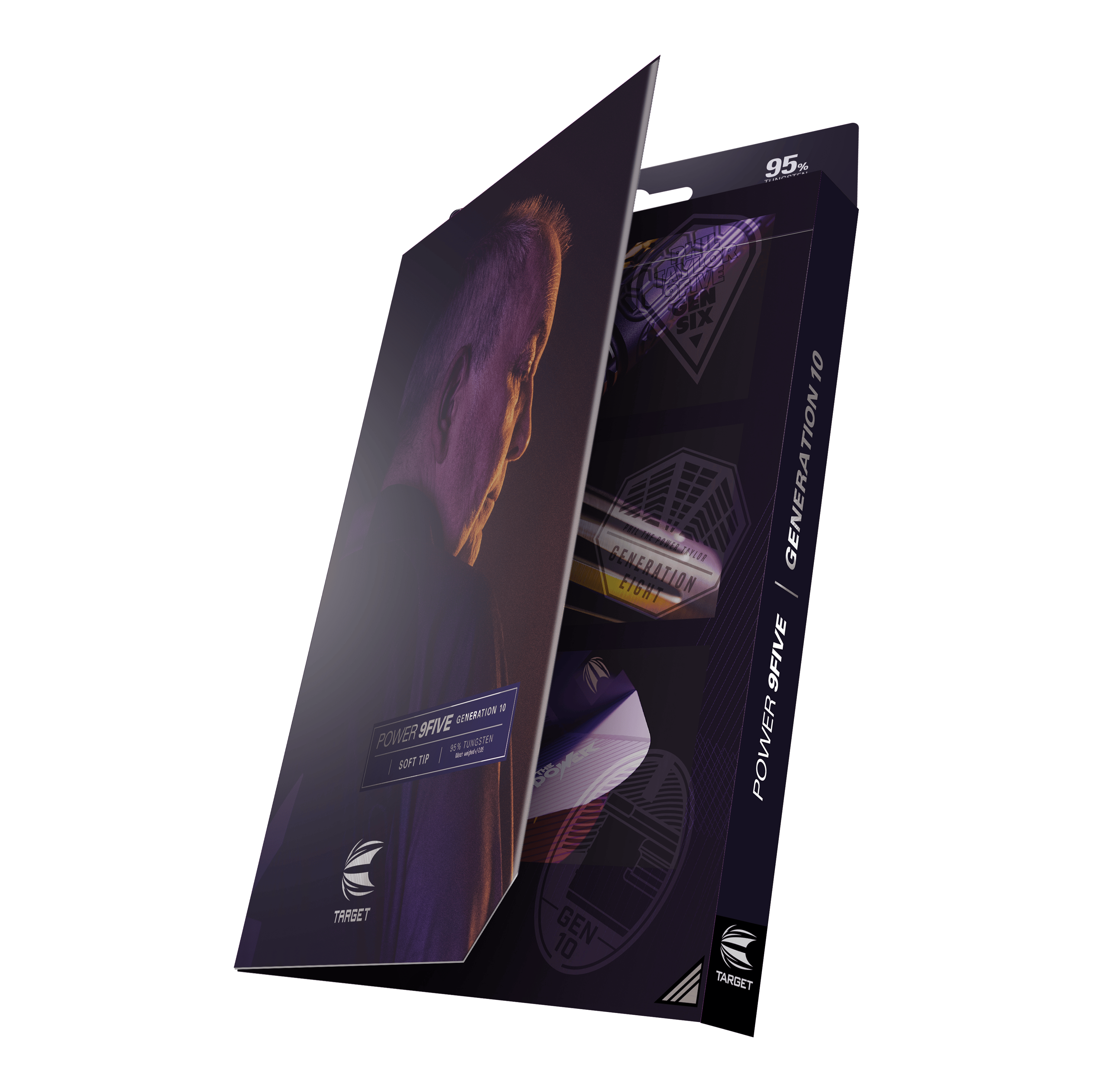 Freccette morbide Target Phil Taylor Power 9Five GEN10 Die Abbildung zeigt die Verpackung der "Target Phil Taylor Power 9Five GEN10 Softdarts". Auf der Vorderseite ist ein Porträtfoto sowie der Produktname zu sehen.