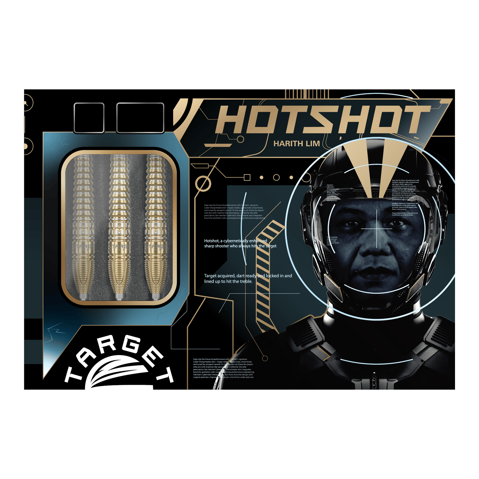 Auf dem Bild sind die Target Japan Prime Series Harith Lim HotShot GEN3 Swiss Point Steeldarts zu sehen. Sie eignen sich perfekt für Dart-Enthusiasten.