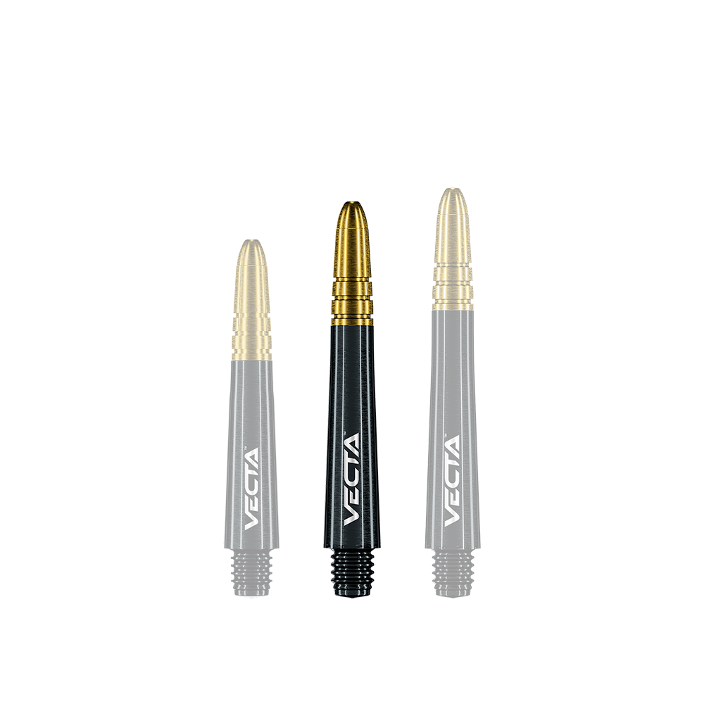 7025-409_Winmau_Vecta_Shafts_Schwarz_Gold_37mm_1 Auf dem Bild sind drei Dart-Schäfte in Schwarz-Gold zu sehen. Sie haben die Aufschrift "VECTA" und sind unterschiedlich lang.
